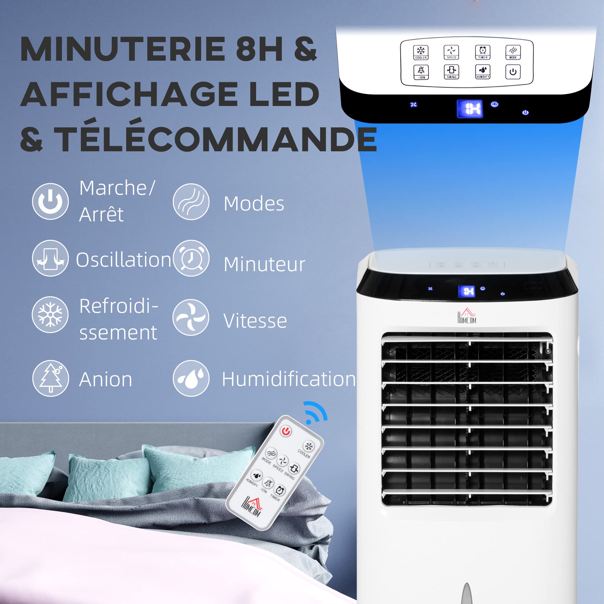 HOMCOM Refroidisseur d'air ventilateur humidificateur ioniseur 4 en 1 sur roulettes télécommande 3 modes 3 vitesses minuterie et oscillant réservoir 10L 2 blocs réfrigérants blanc noir