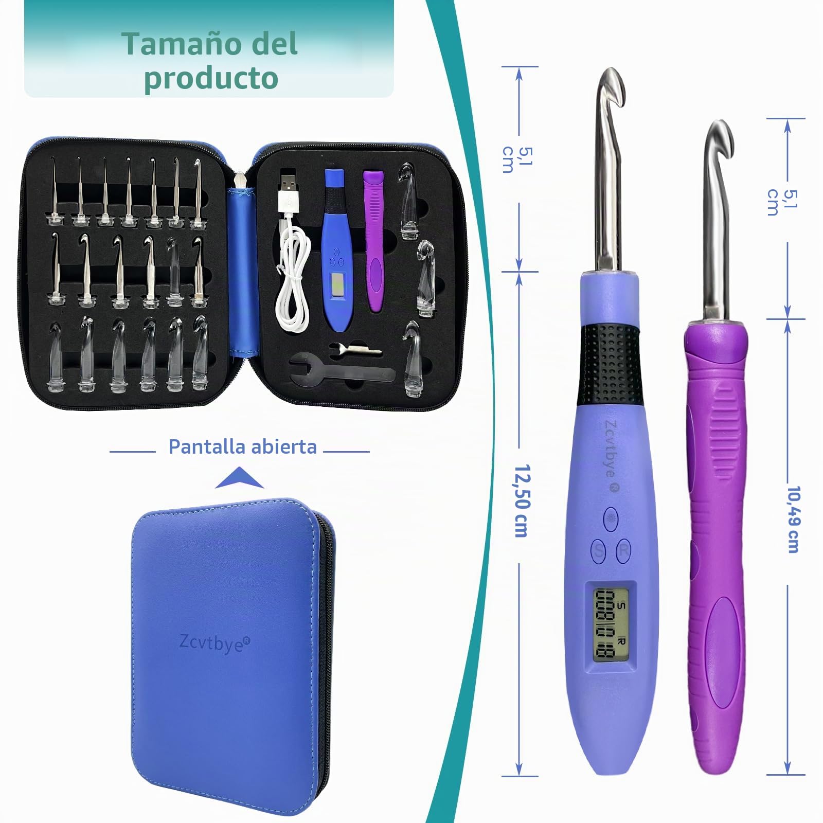 Transplant Juego de agujas de ganchillo LED 22 en 1 con contador de 22 tamaños (2,0-14,0 mm), plástico morado, con bolsa de almacenamiento