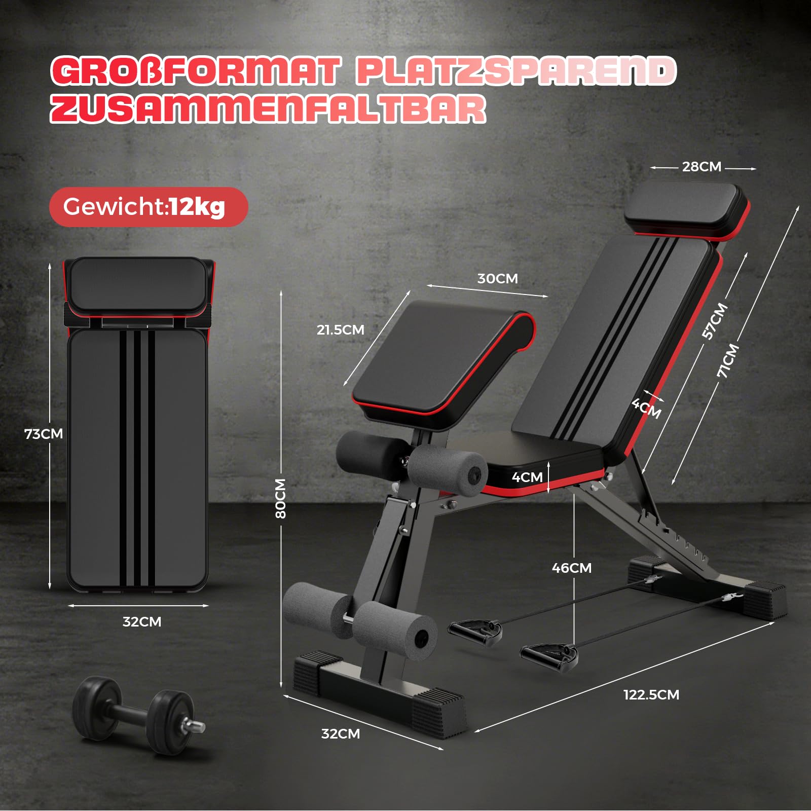 Hantelbank Klappbare Verstellbare 400 kg Kapazität, 12 in 1 Fitnessbank Multifunktionale mit Beinstrecker und Preacher-Curl-Polster, Trainingsbank für das Heim-Fitnessstudio und Ganzkörpertraining