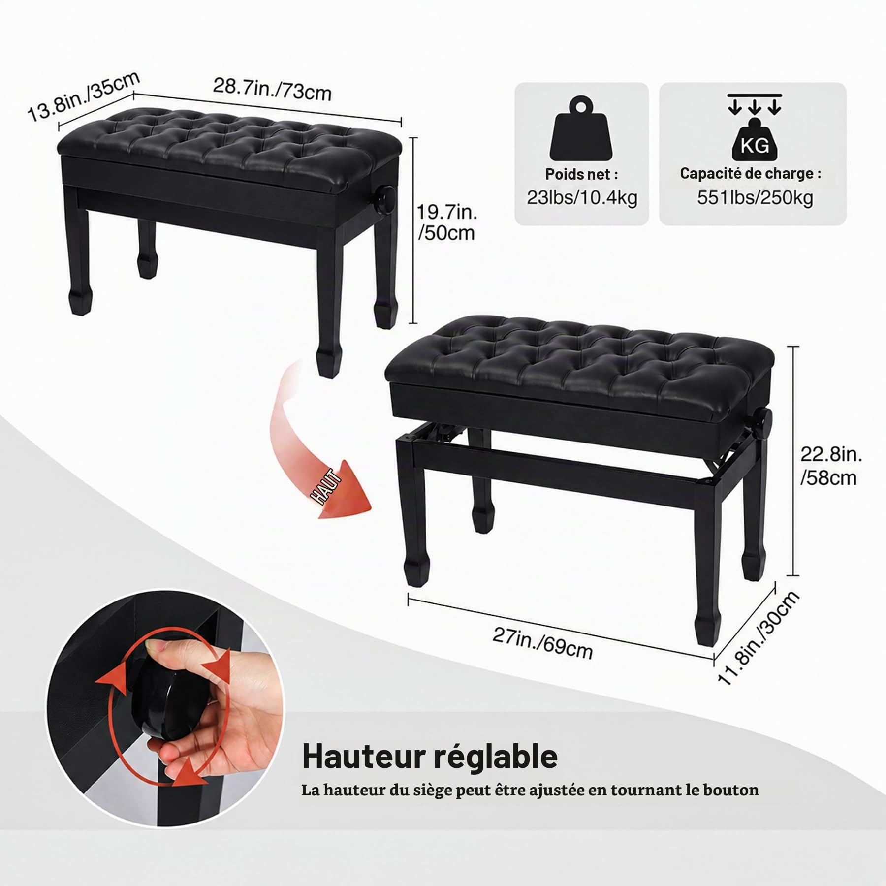 REDCAMP Grand Banc de Piano pour 2 Personnes - Hauteur réglable de 50 à 59cm - Surface d’Assise du Clavier en Bois 80 x 35 cm - Tabouret de Piano avec Coussin de Rangement en Cuir PU épaissi, Noir