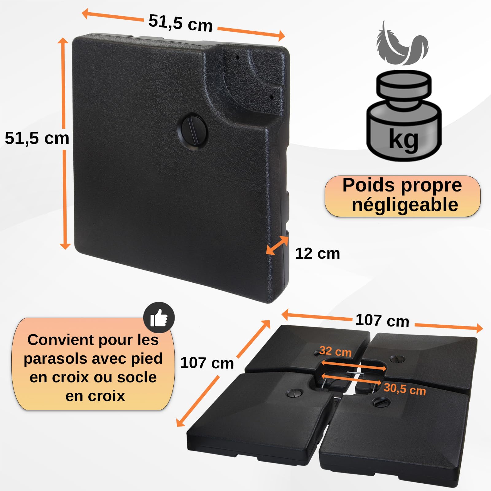 Montafox Lestage pour parasols Dalles de Parasol pour Parasol déporté - Pied en Croix Noir 90 litres / 150 kg - Peut être rempli d'eau ou de Sable