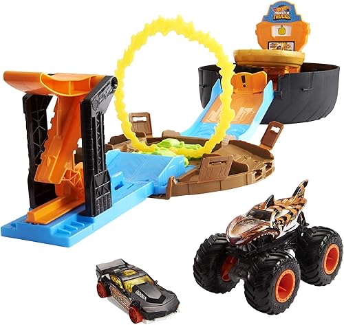 Hot Wheels El juego de neumáticos Monster Trucks Stunt se abre para revelar arena con lanzador 1 auto a escala 164 y 1 camión monstruo juego de