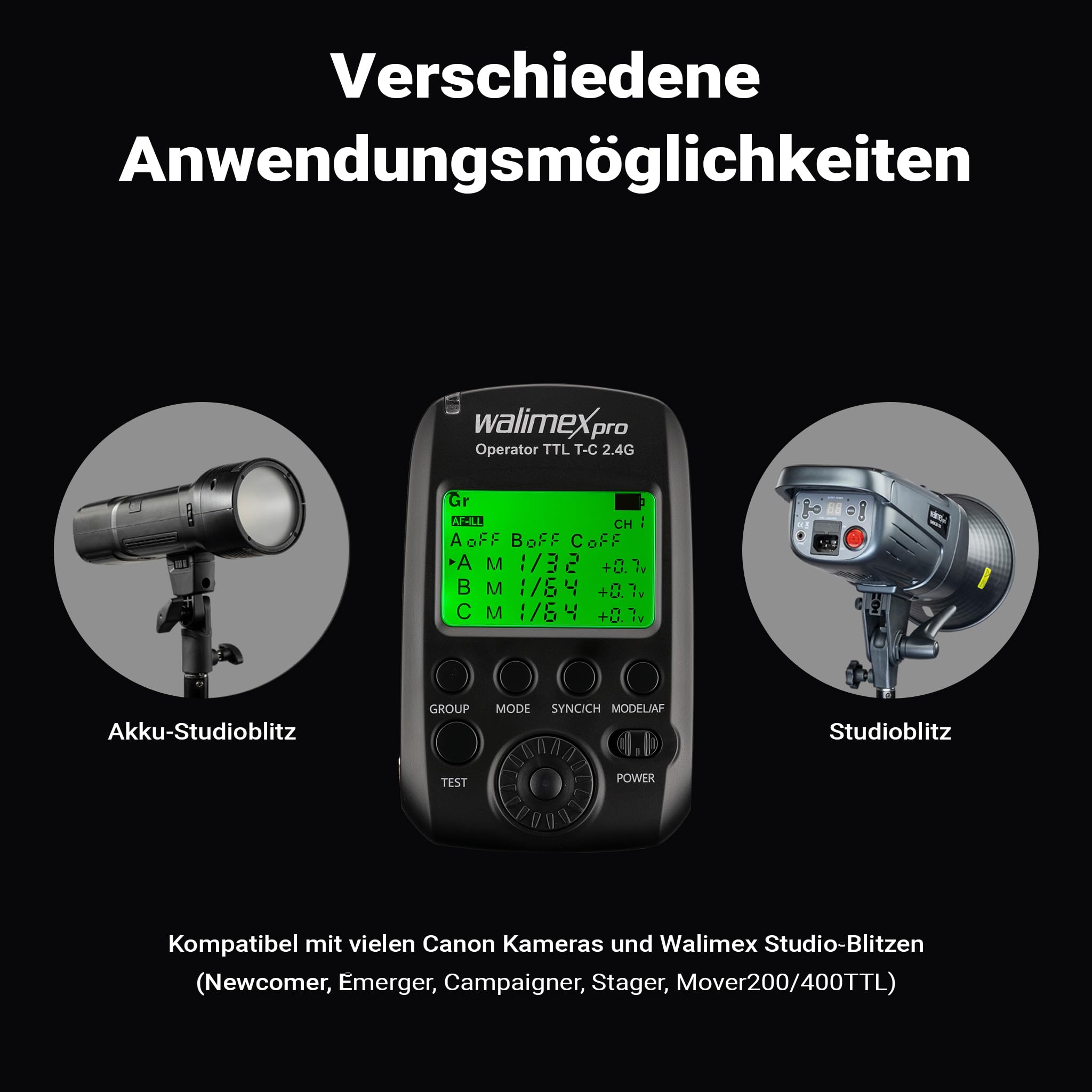 Walimex pro Operator TTL T-C kompatibel mit Canon Kamera, Funk Fernbedienung Auslöser für Newcomer, Emerger, Campaigner, Stager und Mover 200/400 TTL, Transmitter