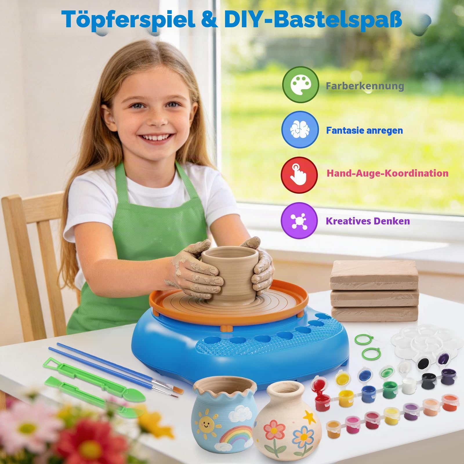 Hzitcigm Töpferset für Kinder, Töpferscheibe & lufttrocknender Ton, 6-12 J | Ohne Brennofen – härtet luftgetrocknet. Komplettset: 12 Farben & Werkzeug, BPA-frei. Geschenk für Mädchen & Jungen, 6-12 J