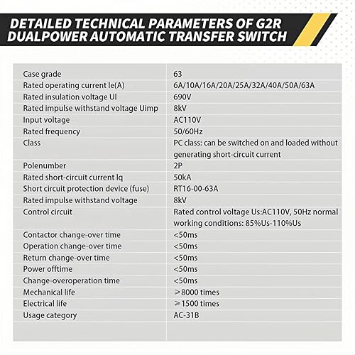 Miniatura 7 de Mini ATS AC Interruptor de transferencia automáticamanual 2P 63A 110V, ATS de transferencia manual para fuente de alimentación ininterrumpida para