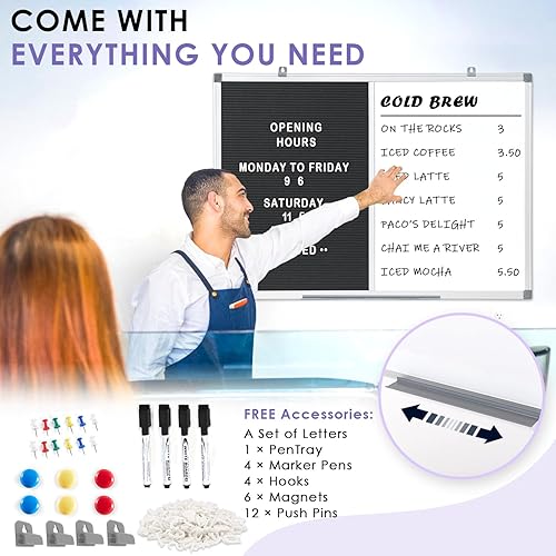 Miniatura 5 de Tablero de fieltro blanco combinadotablero de cartaspizarra blanca de borrado en seco para oficina, aula y hogar, negro, 24 x 18 pulgadas