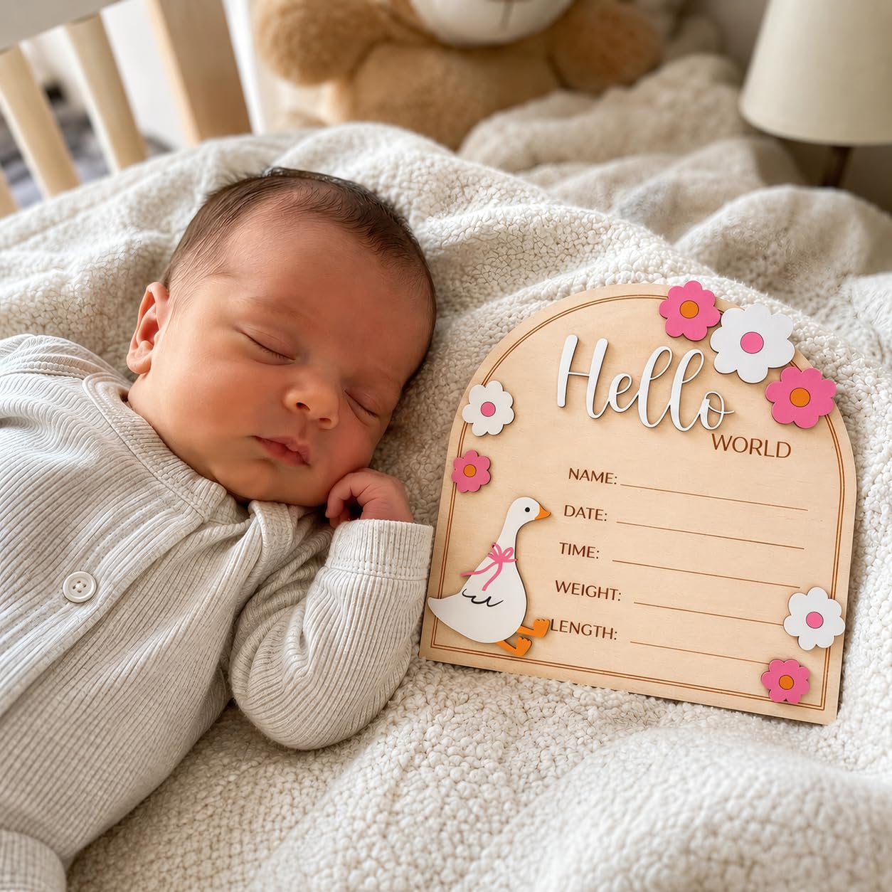 Baby-Ankündigungsschild, Hello World Neugeborenen-Plakette, hölzerne Geburt, Requisite, Krankenhausfotografie, Dekoration, Kinderzimmer-Dekor (Rosa D34)