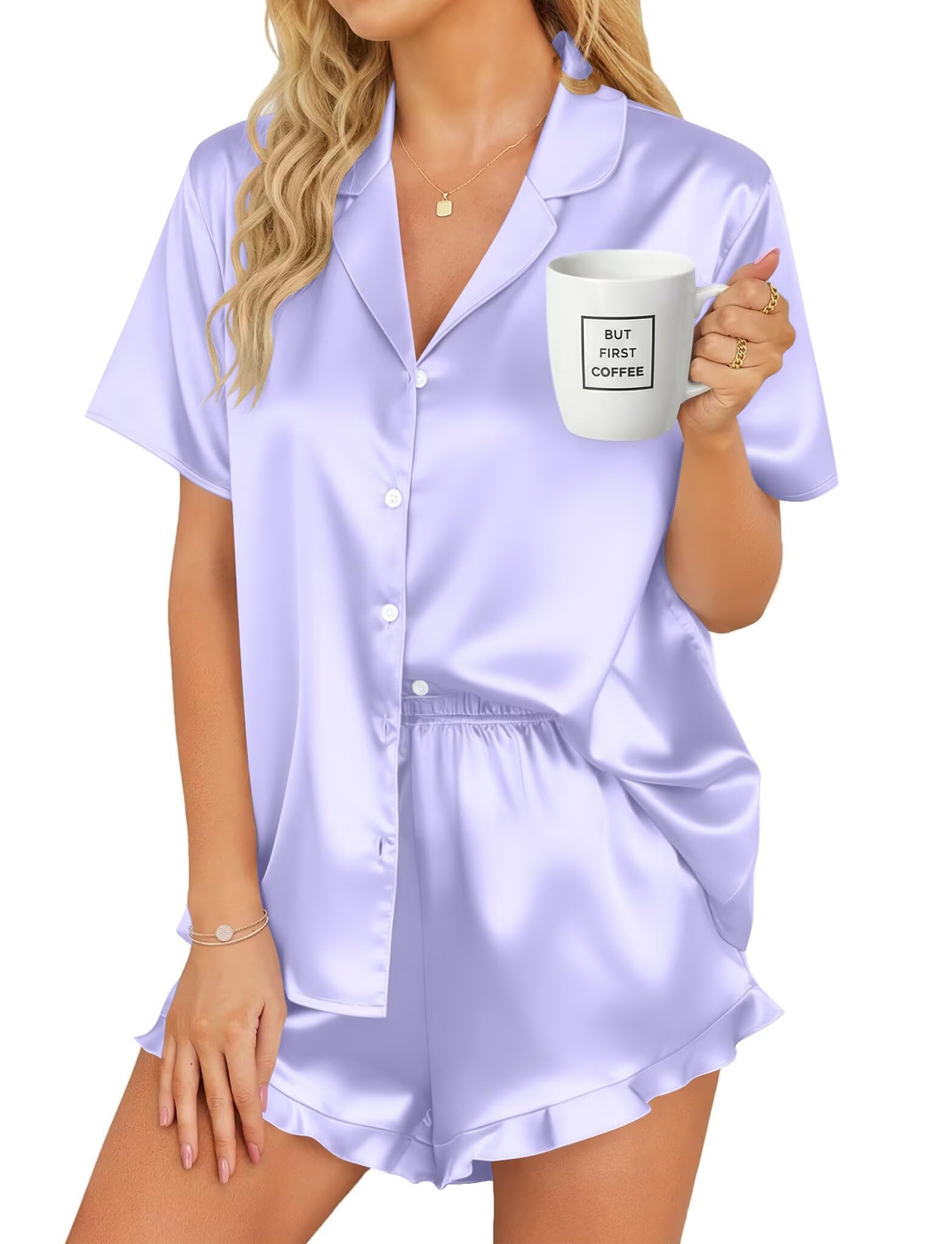 SWOMOG Women's Silk Satin Pajamas Set Short Sleeve Button Down Sleepwear Ruffle Hem Shorts PJ Sets Two-Piece Loungewear