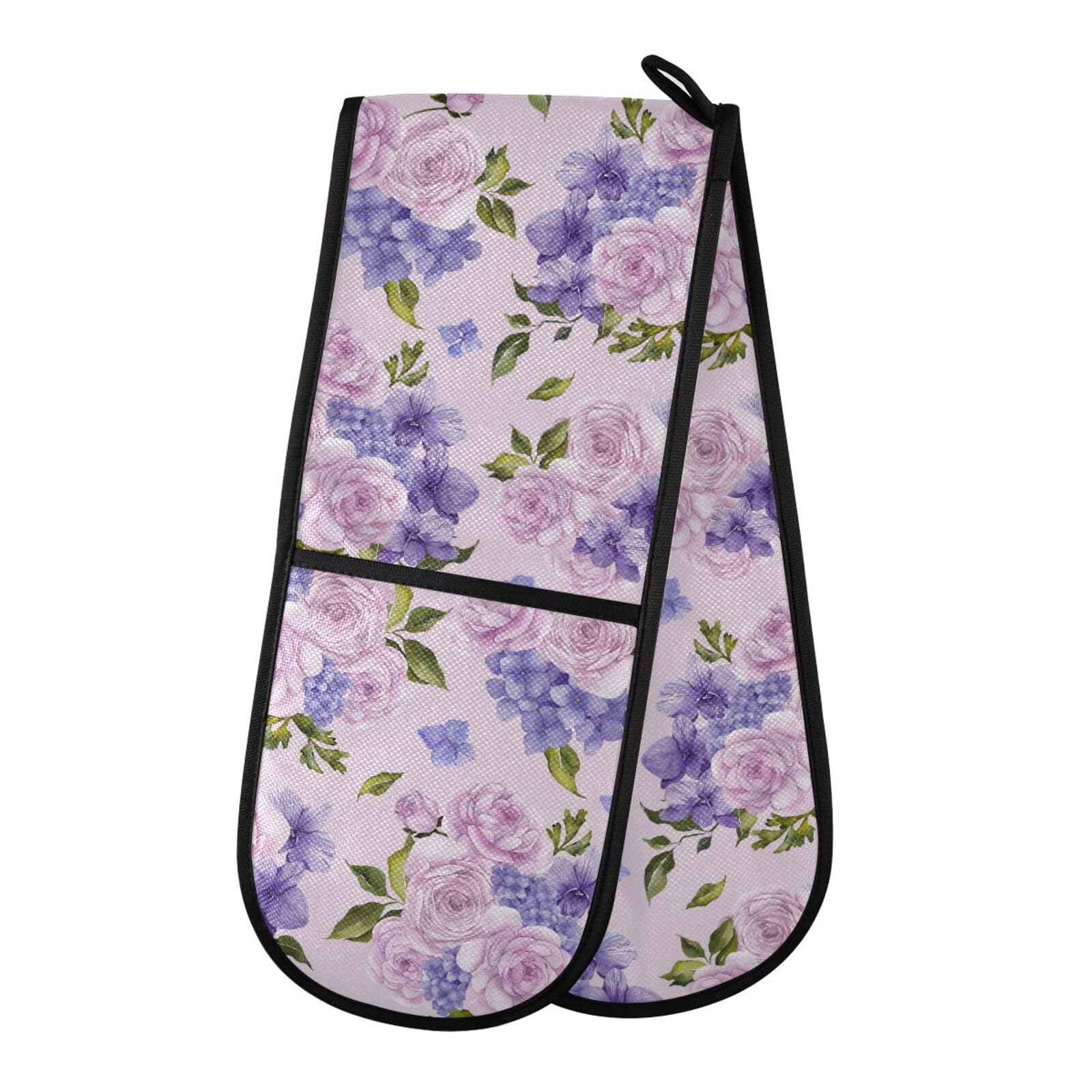 Double Oven Gloves Purple Flowers Wisteria Peony Heat Resistant Pot Holder Oven Mitt Gloves for BBQ Cooking Baking Grilling Microwave