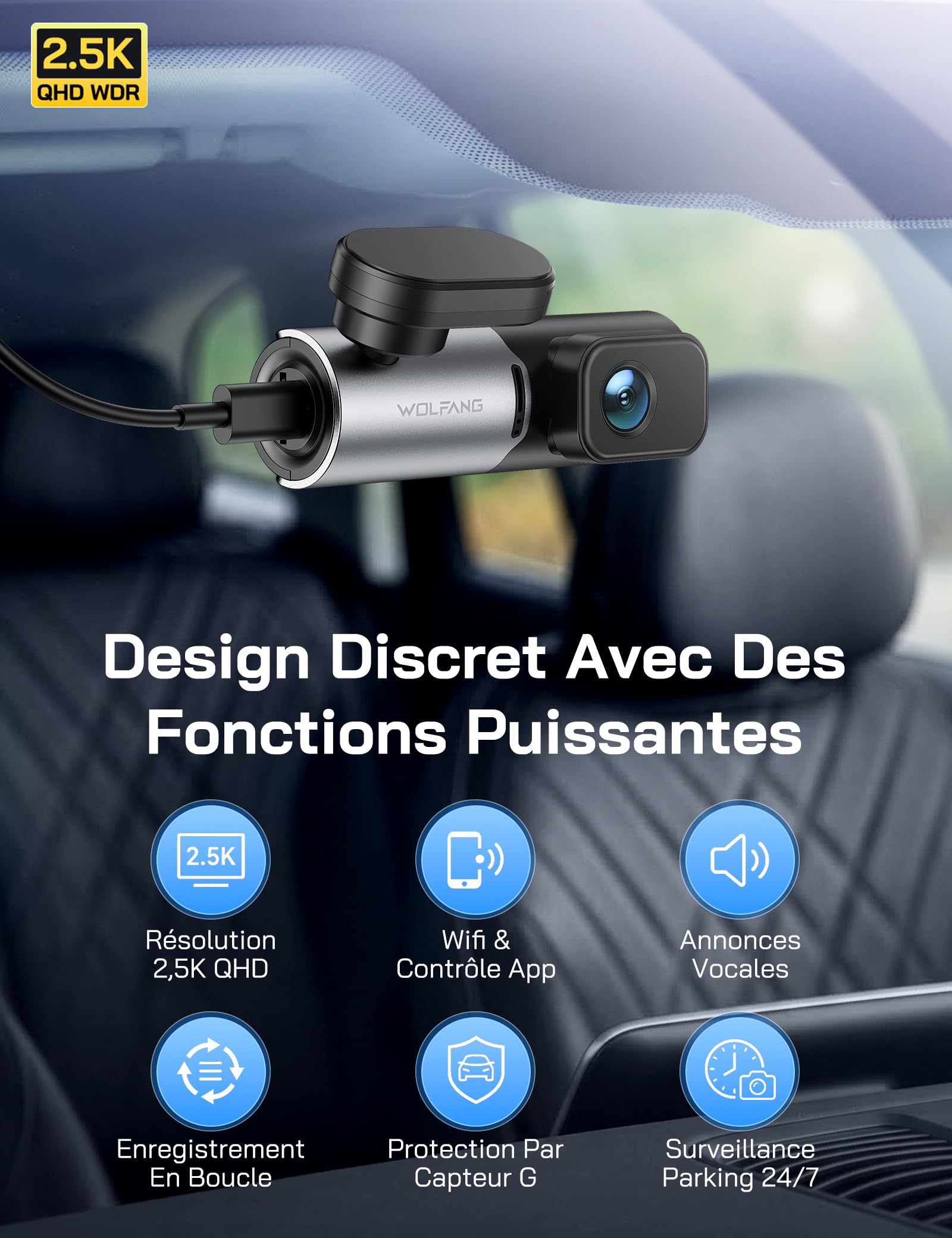 WOLFANG 2.5K Dashcam Voiture, 1440P WiFi Caméra Voiture avec App Contrôle, Mini Dash Cam Avant avec Grand Angle 170°, G-Capteur, Mode Stationnement 24H, Vision Nocturne, Enregistrement en Boucle