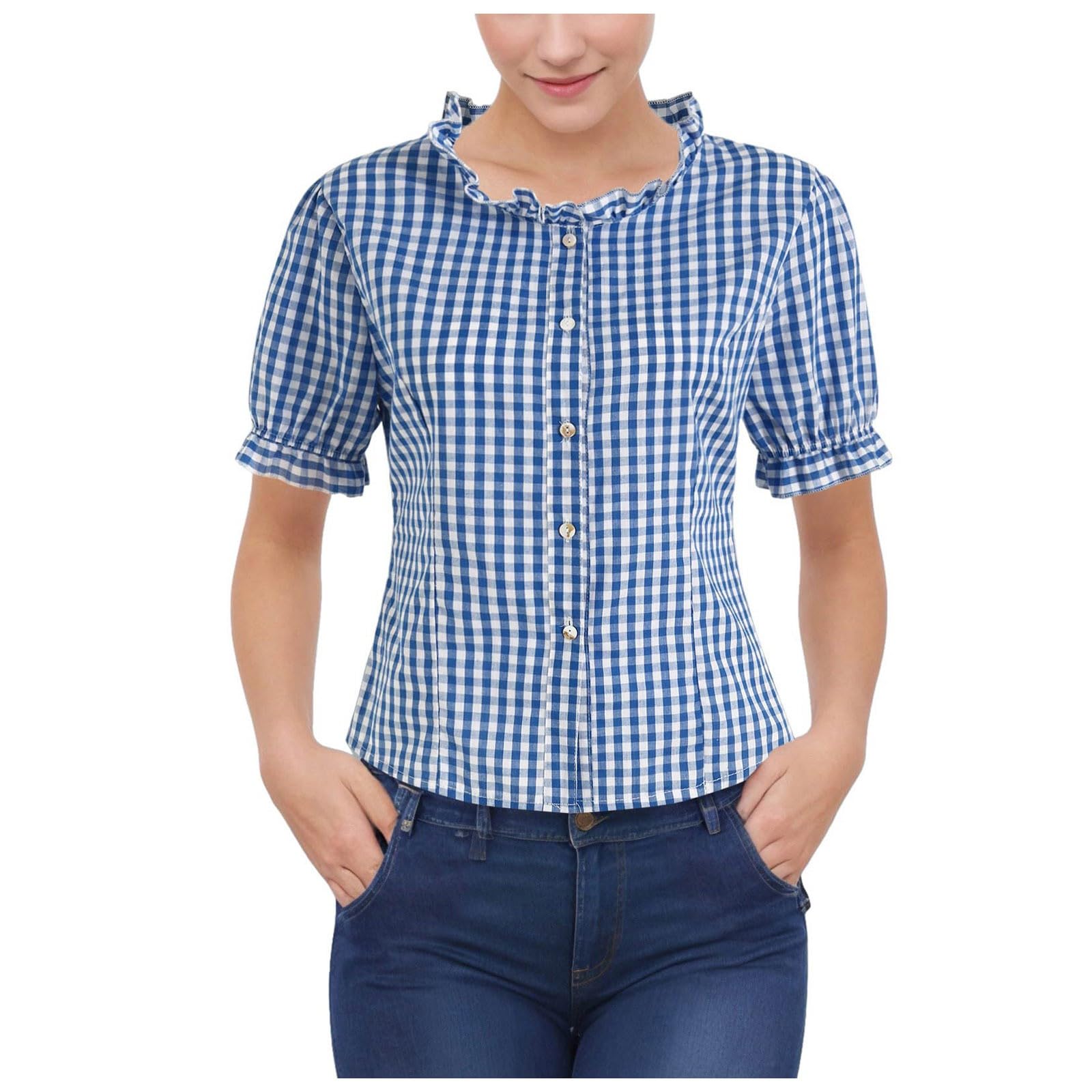 Stilvolle Damenhemden Oktoberfest kurzärmlig mit Spitzenbesatz kariertem Design vielseitige saisonale Kleidung
