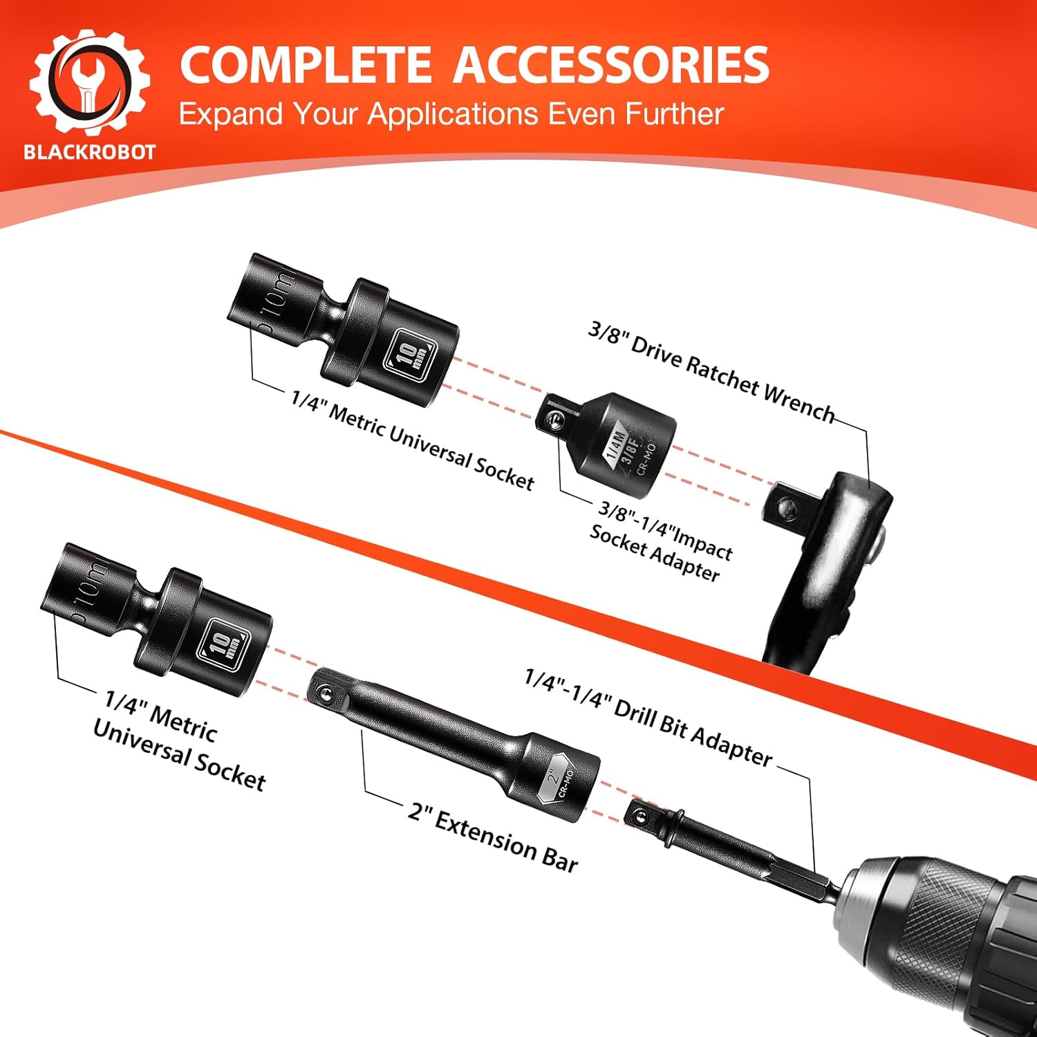 BLACKROBOT 1/4" Drive Universal Impact Socket Set, 16-Pieces Swivel Socket Set, Metric(5-15mm) Flexible Wobble Socket, 2", 6" Extension Bars, Socket Adapter, 6 Point, CR-MO