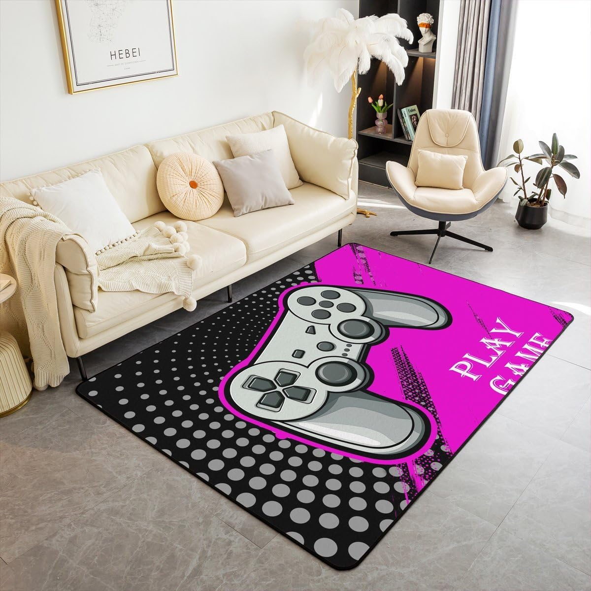 Castle Fairy Gray Gamepad Area Rug 100cm X 150cm X 1cm Cartoon Video Game Decor Gamer Non Slip Rug for Kids Teens Adults Game Console Modern Simple Style Graffiti Indoor Floor Mat for Office Couch