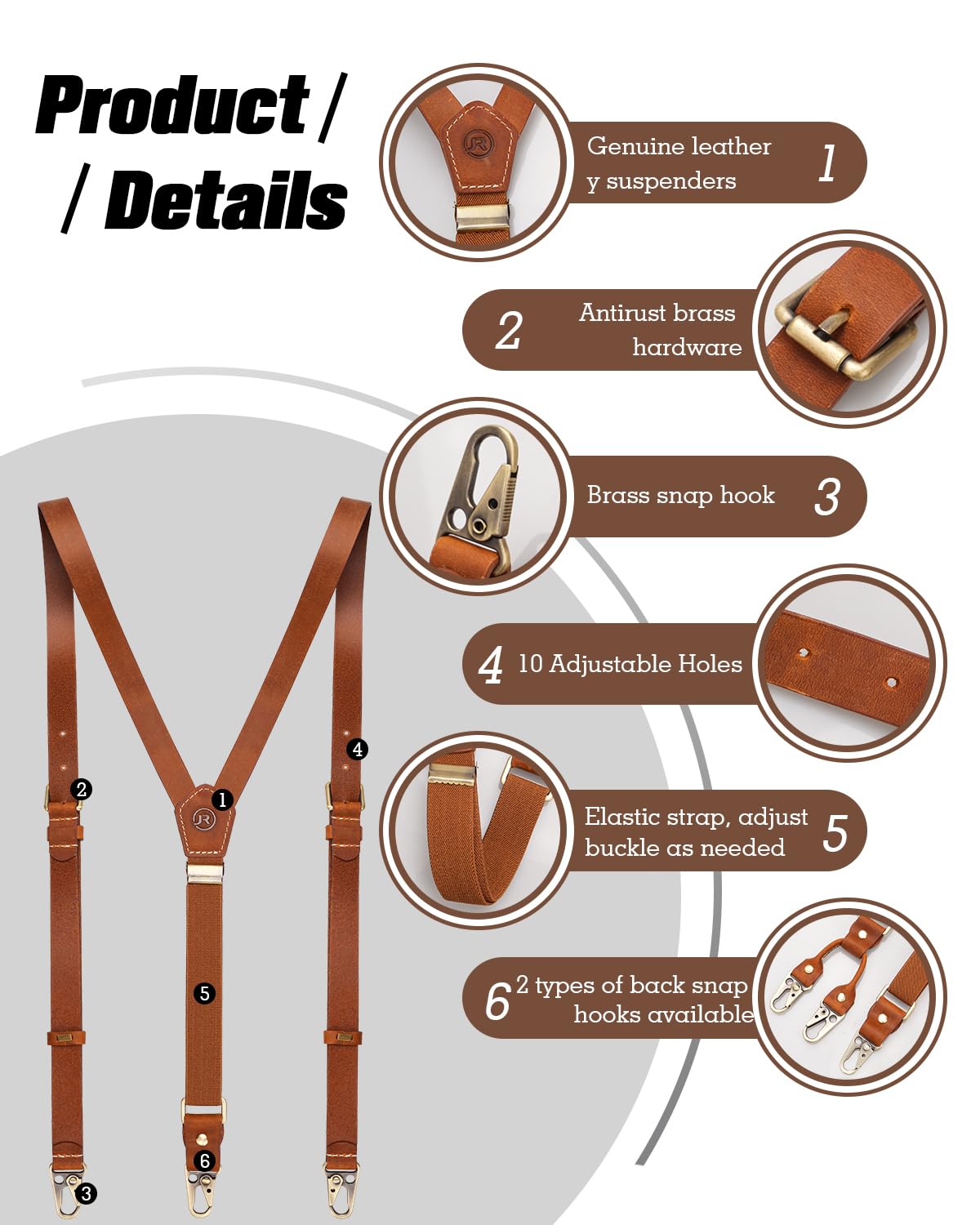 JinRuiKJ Tirantes de cuero para hombre, tirantes elásticos ajustables en Y para hombre, 2 tipos de clips de metal disponibles