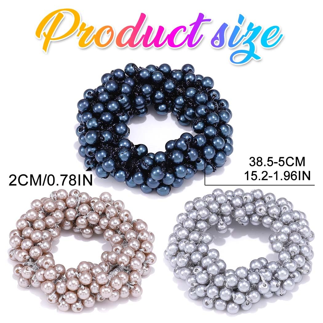 Fashey Coleteros elásticos para el pelo con perlas y cuentas azules, 3 piezas, accesorios elásticos para el cabello para mujer