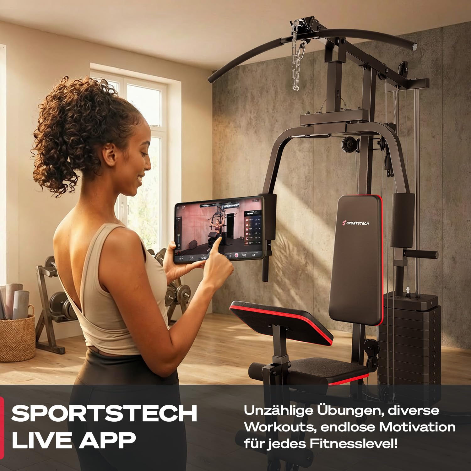Kraftstation für zuhause, Multifunktion Fitnessstation, Bauchtrainer, Home Gym, 60 kg Gewichte, Butterfly, Beinstrecker, Latzugstange, Bizepscurl, Ganzkörpertraining, Multigym, HGX50