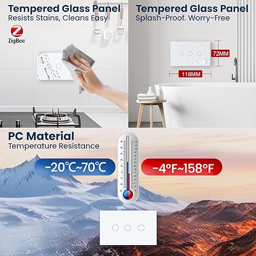 Miniatura 7 de Zigbee - Interruptor inteligente de 4.646 x 2.835 x 1.339 in, necesita Zigbee Hub y cable neutro, WiFi de 2.4 GHz, panel de cristal con interruptor