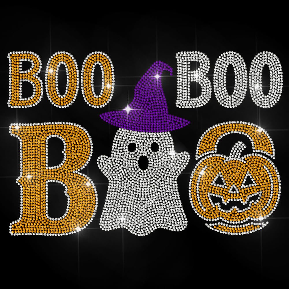 MAYJOYDIY Halloween Boo Rhinestone Iron on Hotfix Transfer Pumpkin Ghost Heat Transfer Sticker Purple Wizard's Hat Bling Clothing Decoration Applique for Shirt Bag Hat Jacket Jeans Shoes DIY Crafts