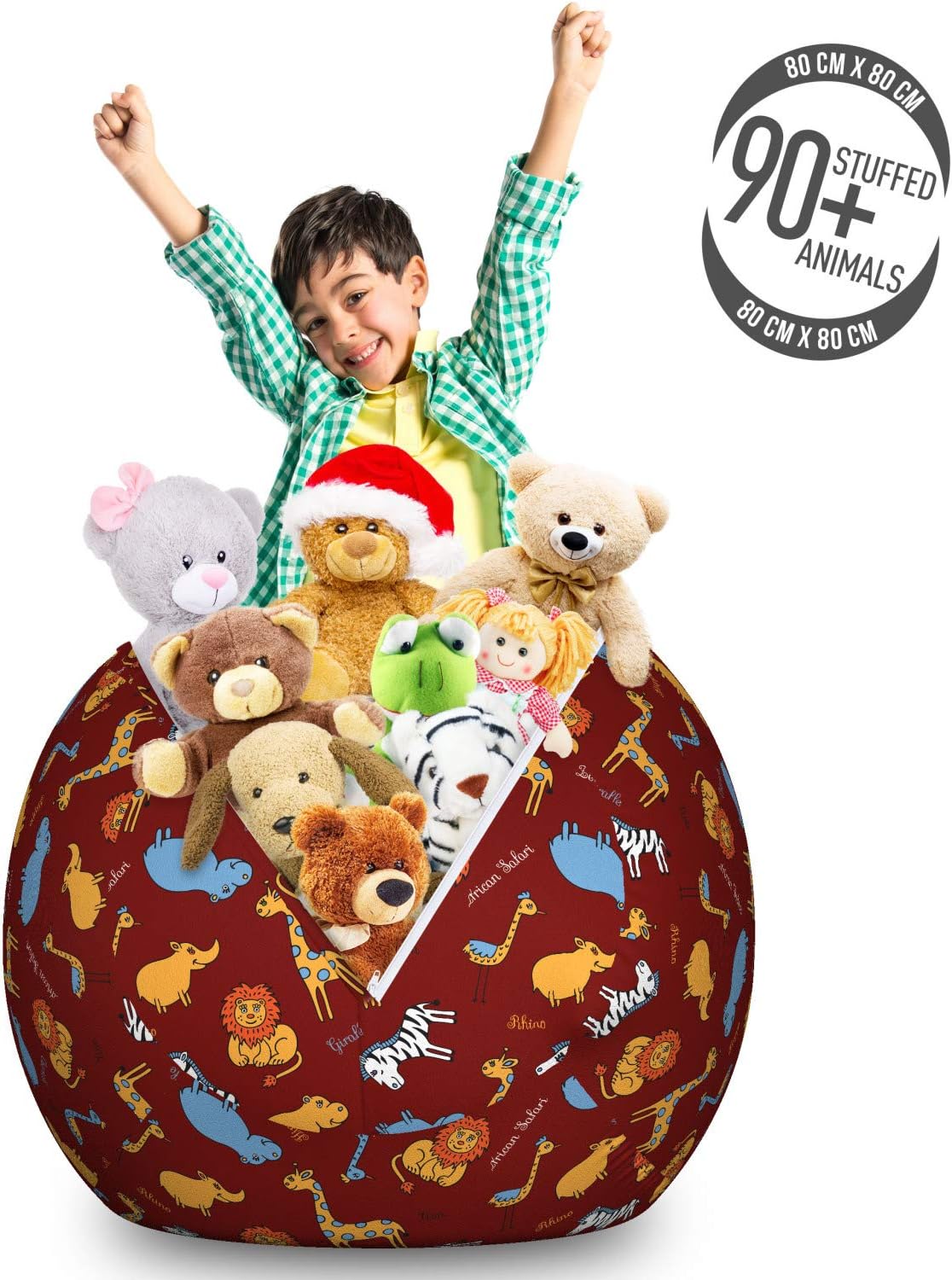 Ambesonne Hippo Storage Toy Bag Chair, Childish Doodle Pattern with Wild Animals Such as Ostrich Zebra and Lion Cartoon, Stuffed Animal Organizer Washable Bag, Large Size, Multicolor