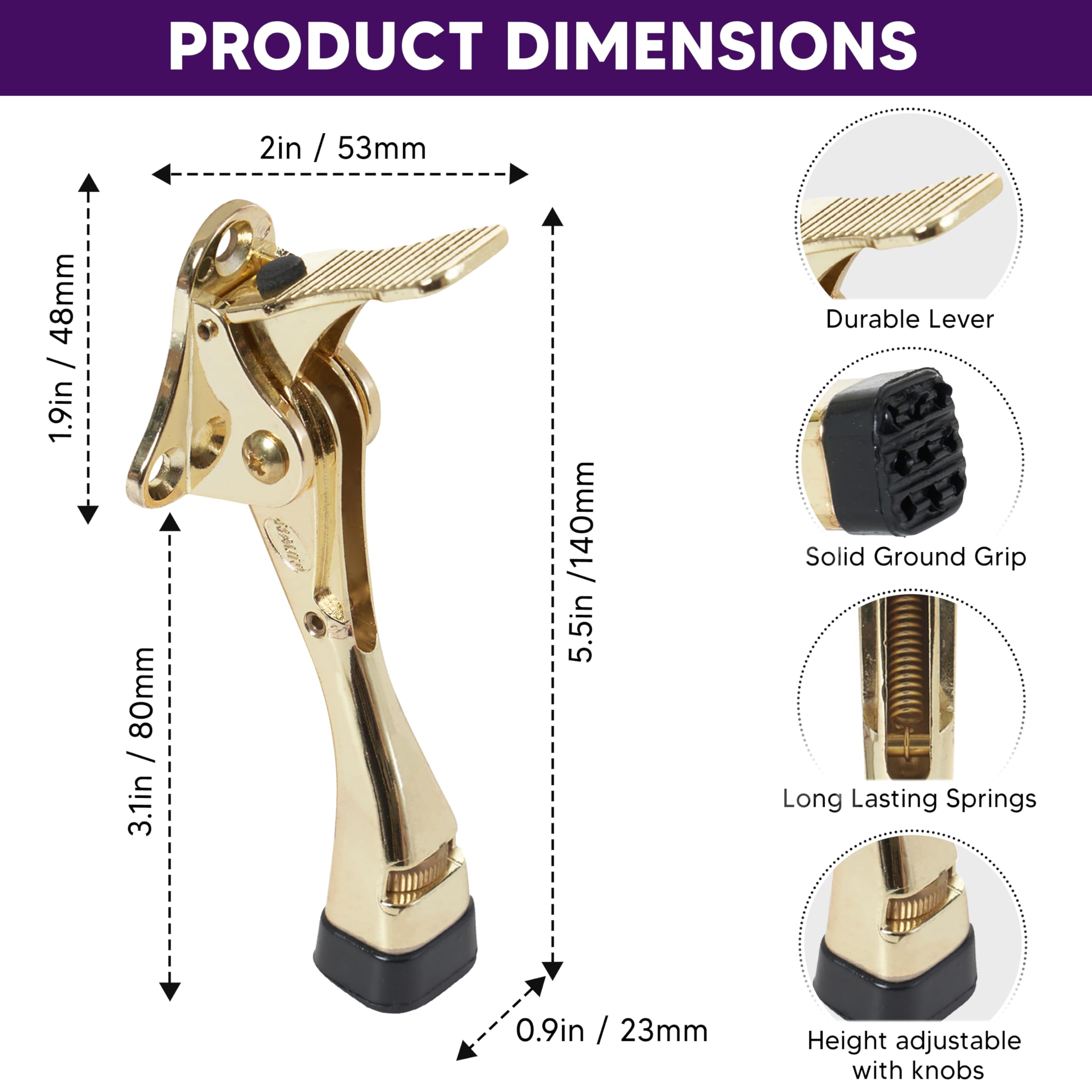 HOME&I Easy Step Door Stop Door Stop, Premium Quality, Regulowana Wysokość Gumowej Stopki, 10 cm (Złoty)