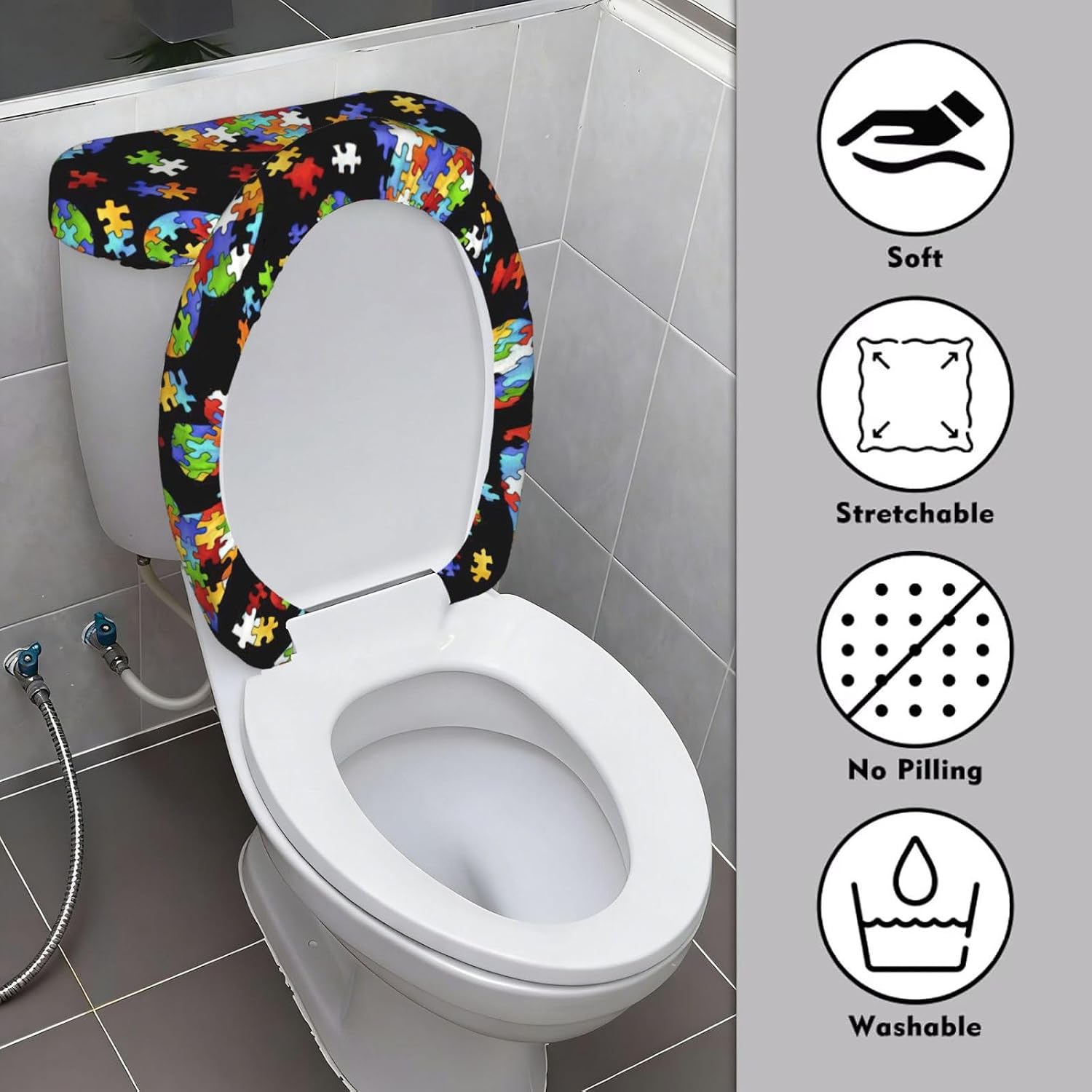 2 Pcs Autism Awareness Puzzle Pieces Heart Print Toilet Lid Cover And Toilet Tank Lid Cover Set, Soft Stretchable Bathroom Covers, Fits Round And Elongated Toilet Seats, Washable And Decorative