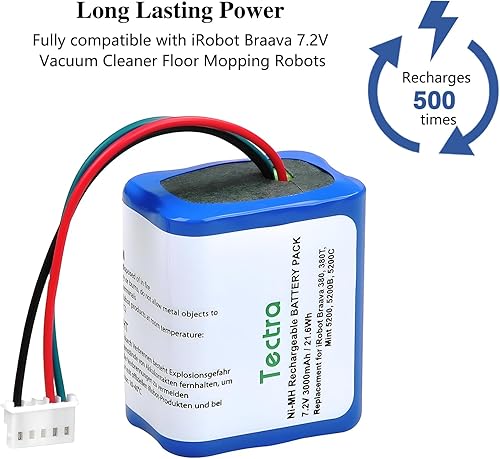 Miniatura 4 de Tectra 7.2V 3000mAh Ni-MH batería recargable para iRobot Braava 380 380T 390 390T menta 5200B 5200C aspiradora