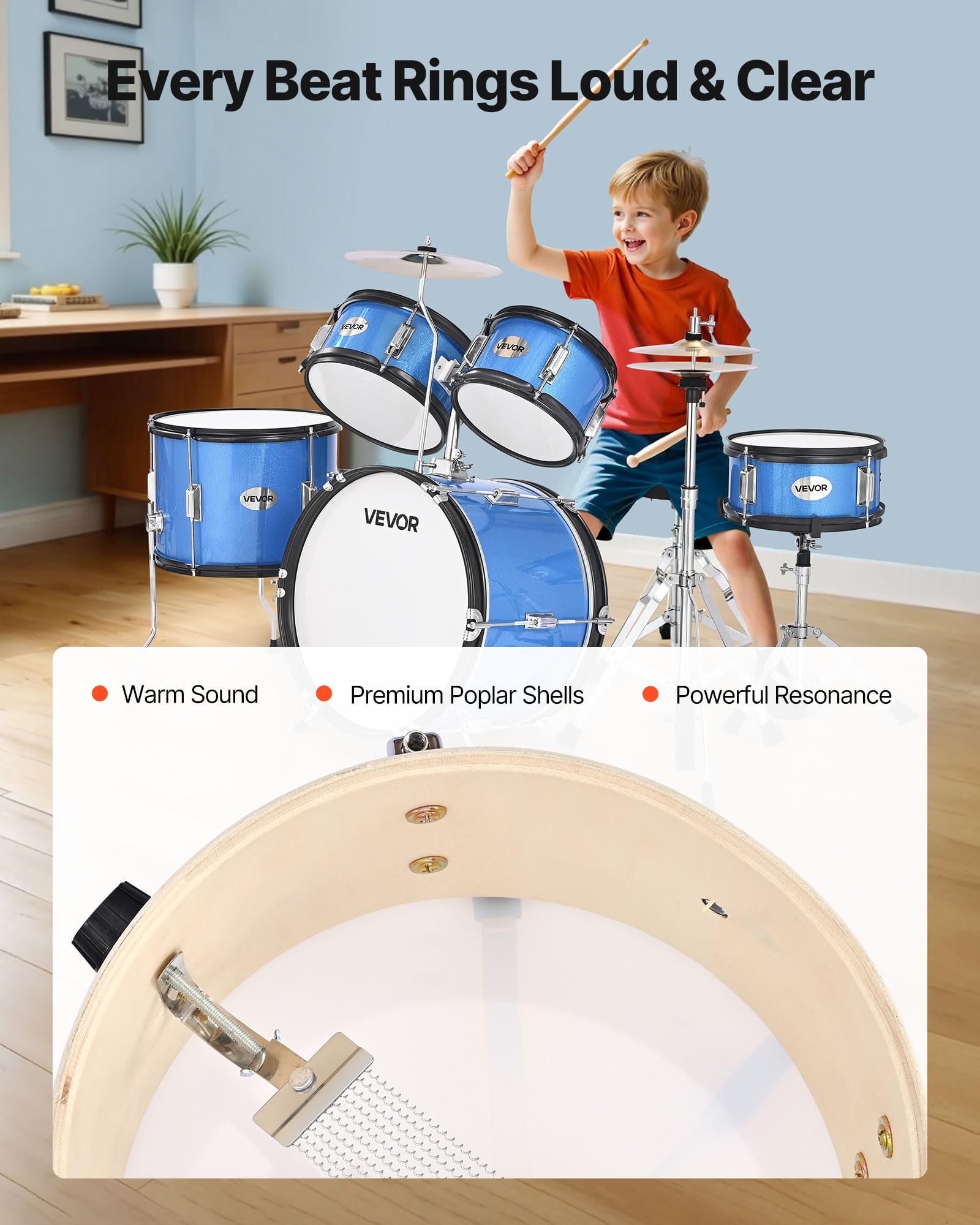 VEVOR Schlagzeug Set, 5-teilig, inkl. 40,6 cm Basstrommel, 25,4 cm Snare, 20,3 cm & 25,4 cm Tomtoms, 33 cm Standtom, Crash-Becken & 20,3 cm Hi-Hat, für Kinder von 6–13 Jahren, Blau