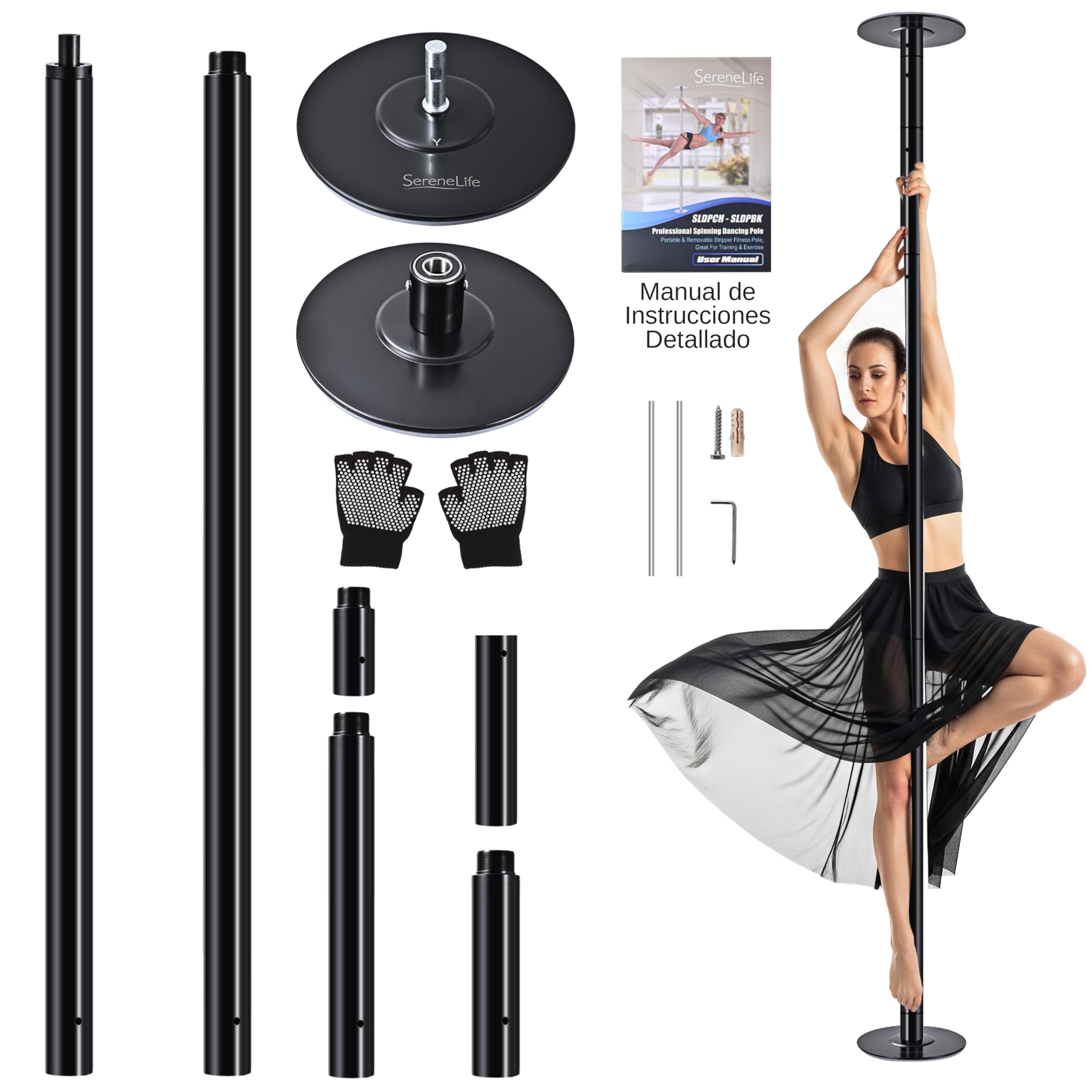 SereneLife Professional Spinning Dance Pole, 45mm Portable Exercise Pole for Fitness – Durable Steel Build, Anti-Rust Finish, Suitable for Home, Club, Gym, Party, Pub