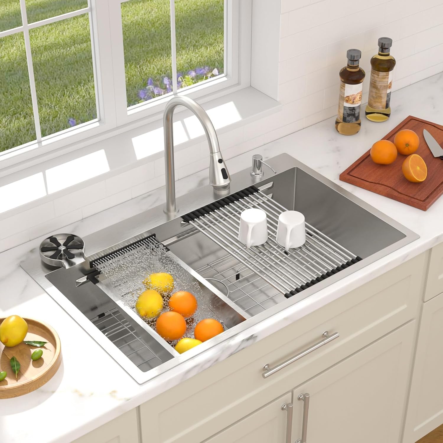 Dcolora 36 In. Smart Drop In Waterfall Kitchen Sink Single Bowl Multifunctional Workstation with Faucet, 16 Gauge 304 Stainless Steel, 36" x 22" x 10" #DC-SFDOE00024