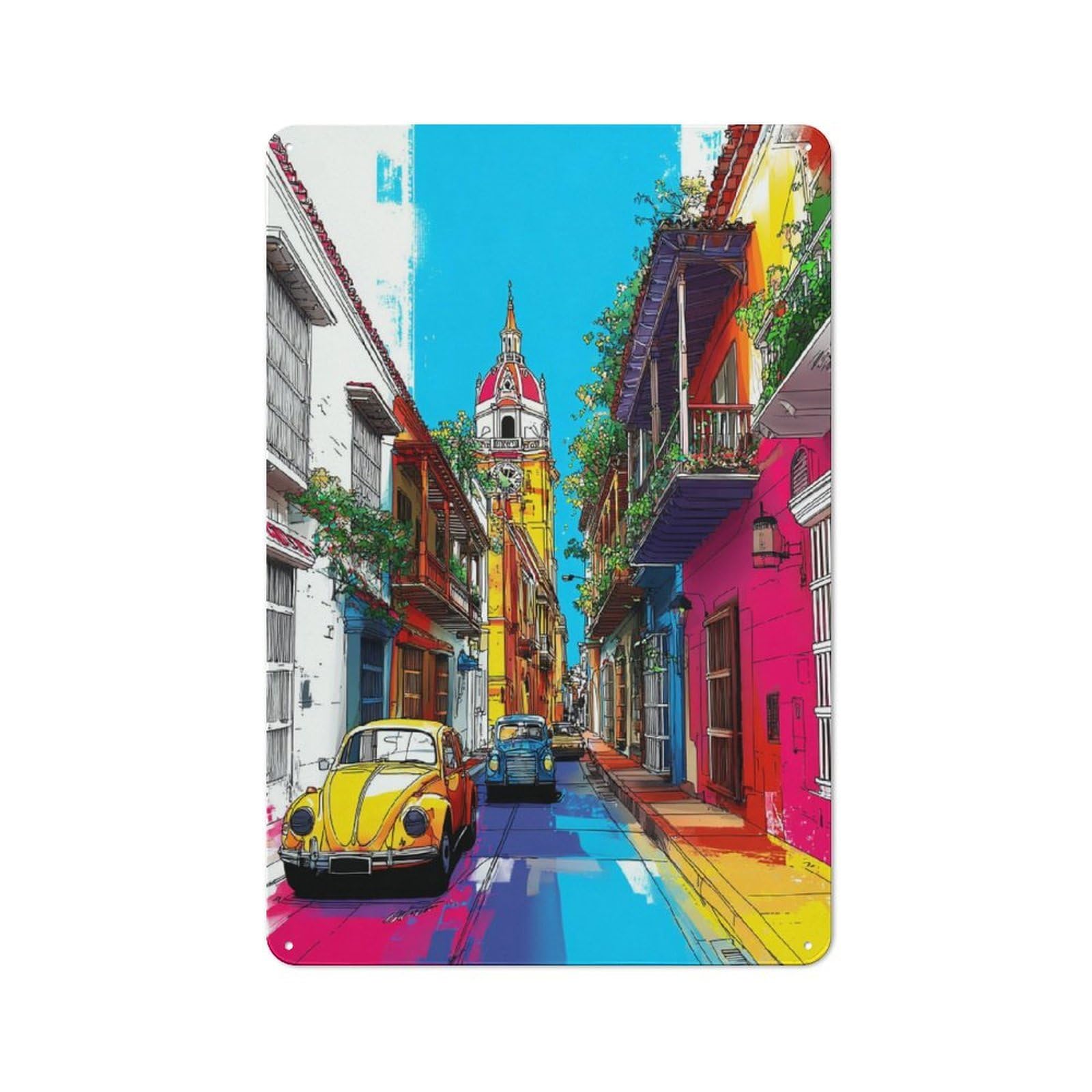 Junmoney Colorful Street Scene With Vintage Cars Industrial Tin Sign 30X20cm, Garage Wall Decor For Garage, Hobby Room, Office Or Man Cave