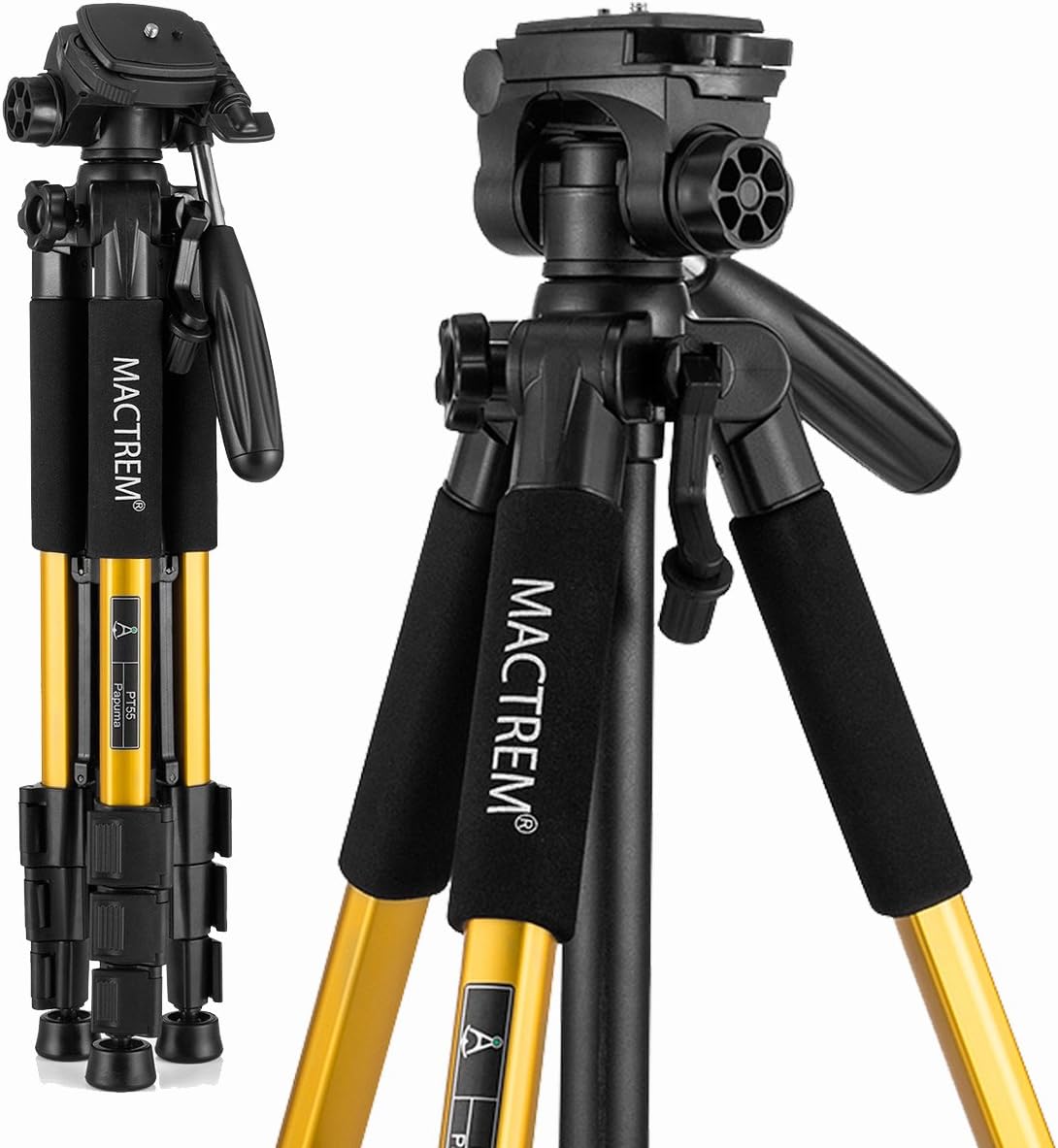 MACTREM M-PT55-Bk PT55 Travel Camera Tripod Lightweight Aluminum for DSLR SLR Canon Nikon Sony Olympus DV with Carry Bag -11 Lbs(5Kg) Load (Gold)