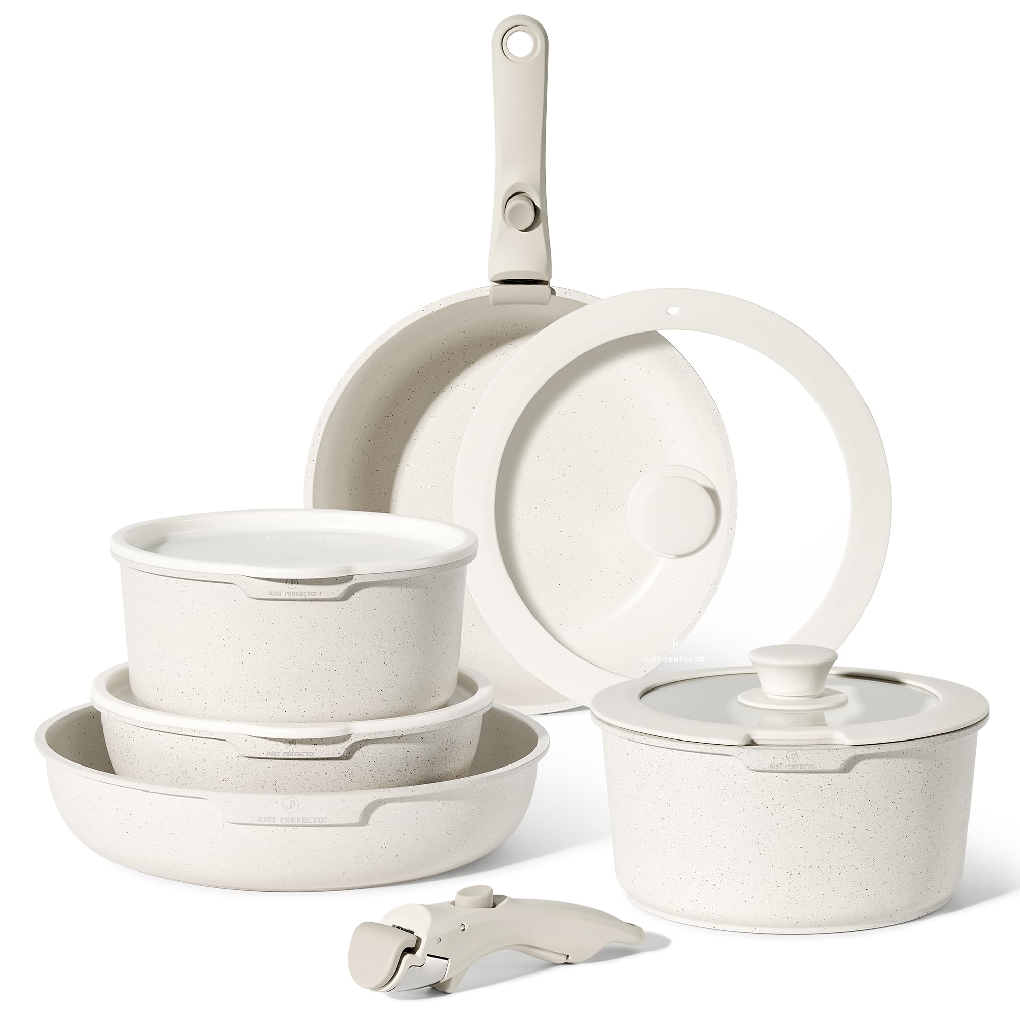 Just Perfecto Essential Batteria di Pentole 11 Pezzi, Manici Amovibili Padella con Casseruola Fonda, Padella, Tegame, Wok, Coperchi, Antiaderenti per Induzione,Lavastoviglie, Gas e Forno (Biege)