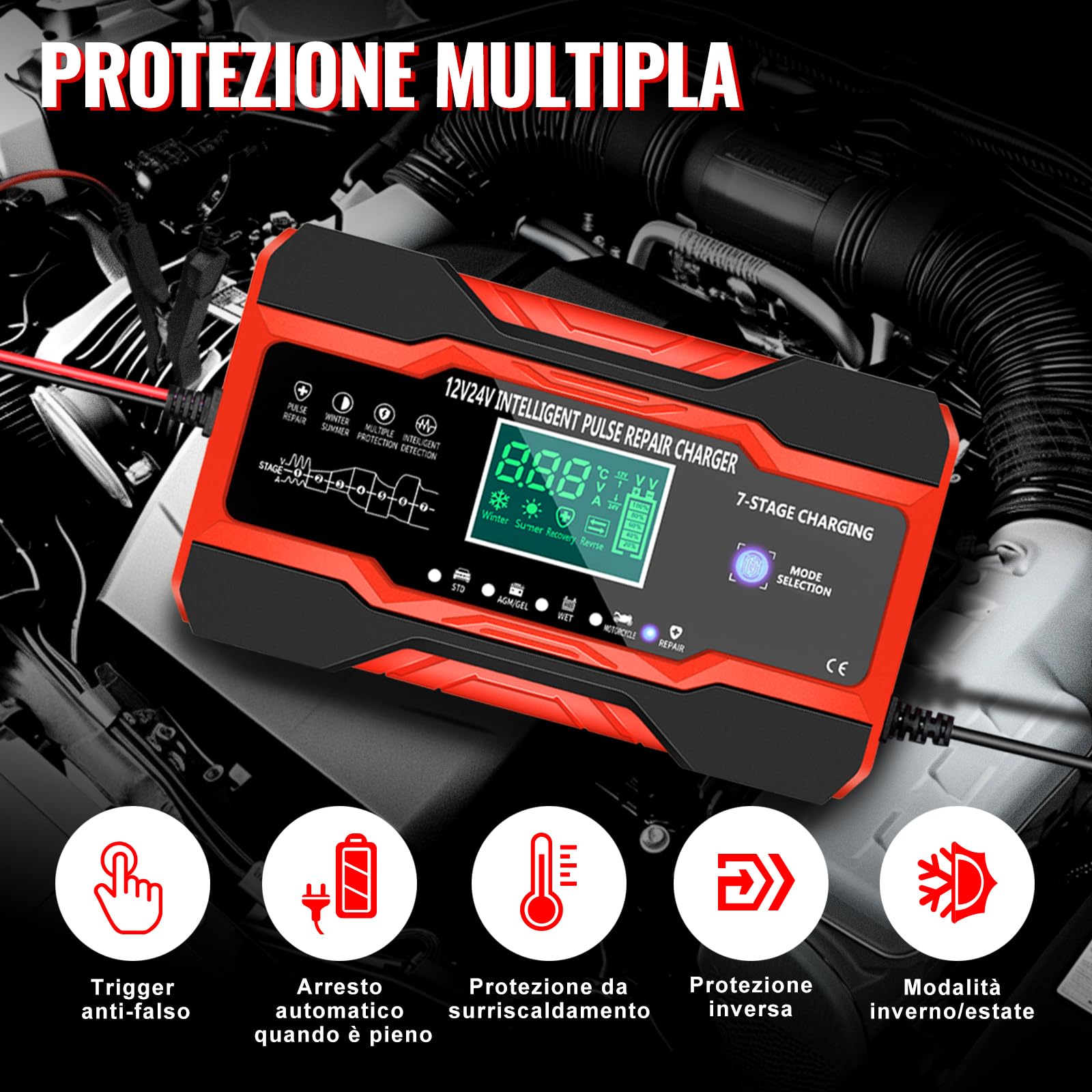 YDBAO 10A Caricabatteria Auto di Carica 12V/24V Caricabatterie Auto 5 modalità Caricabatteria Auto di Carica Mantenitore di Carica Auto Moto con Schermo LCD Touch Multi Protezioni per Auto Moto AGM