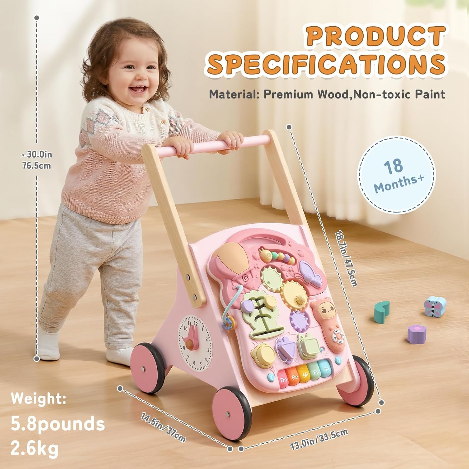 Wiqins Wooden Baby Push Walker, 10-in-1 Baby Walker Toys with Wheels for Toddlers 18 Months, Detachable Montessori Activity Board Toy & Storage for 1 Year Old Boys Girls Learning to Walk