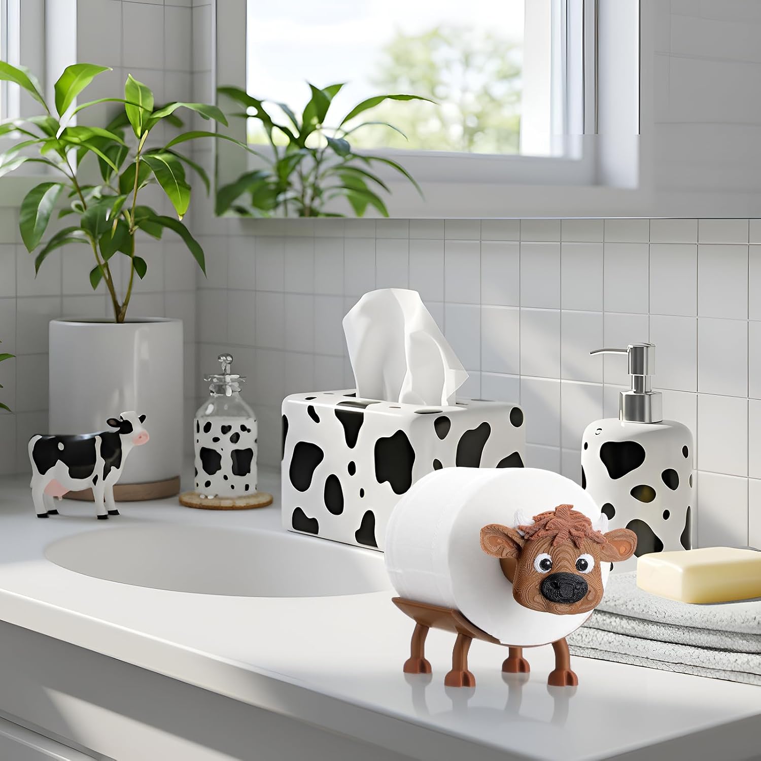 Blushtier Highland Cow Toilet Paper Holder Highland Cow Bathroom Decor 3D Printing Funny Cute Free Standing Toilets Storage for Bathroom Kitchen Bedroom Decor