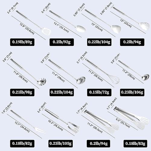 Miniatura 2 de Utensilios de cocina de acero inoxidable, 12 piezas, juego de utensilios de cocina pequeños, espátulas, cucharón, espumadera, tuneleros, cuchara de