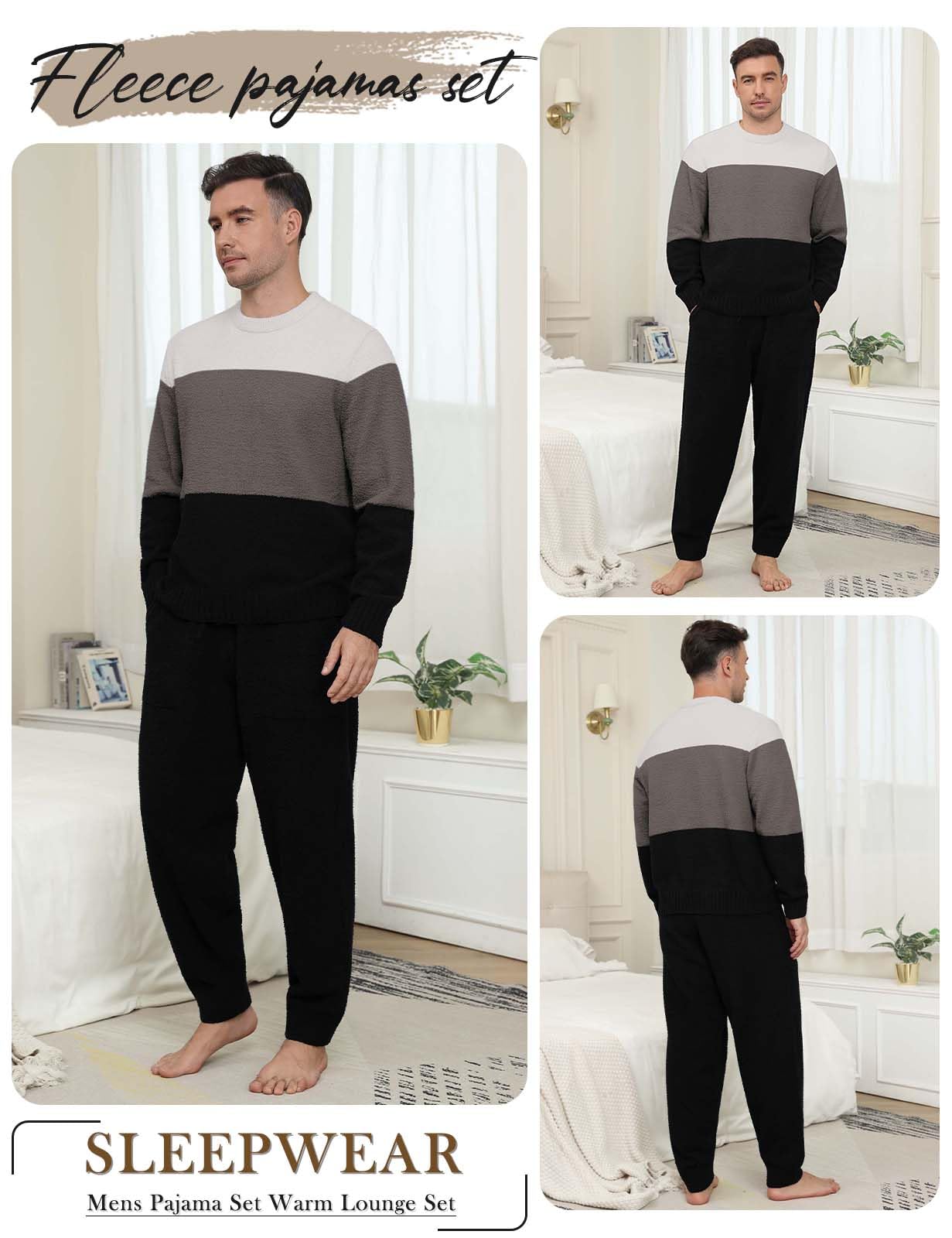 UMIPUBO Pigiama Uomo Invernale Pile Felpato Pigiami Due Pezzi Lunghi Caldo Maniche Lunghe Pantaloni Lunghi Regalo di Natale 2 Pz Set Abbigliamento