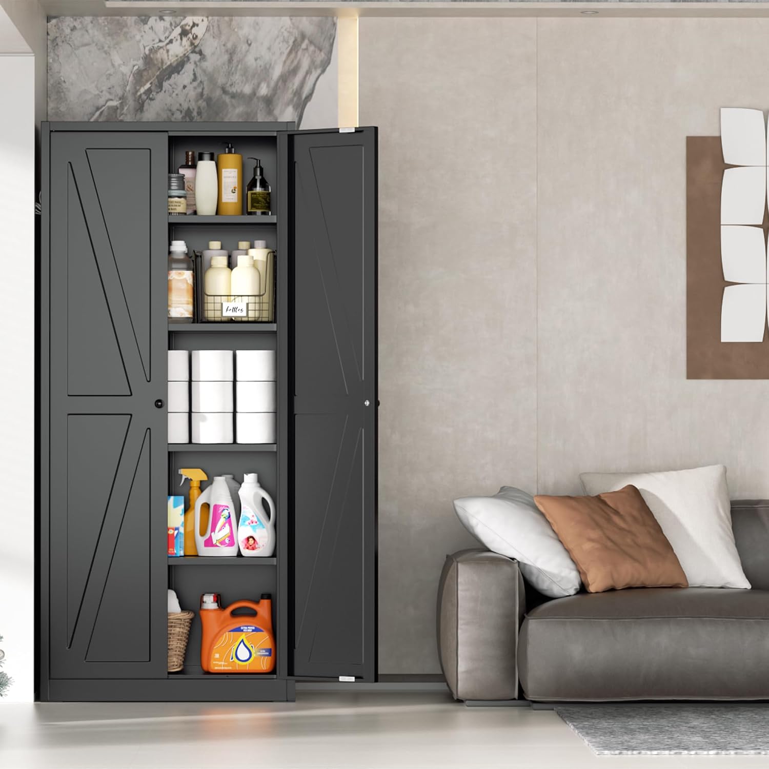 INTERGRAET 63" H Pantry Cabinet, Metal Kitchen Pantry Cabinets with 2 Doors and 4 Shelves, Farmhouse Food Storage Cabinets, Tall and Large Pantry Cabinets for Home,Kitchen,Living Room/Dining
