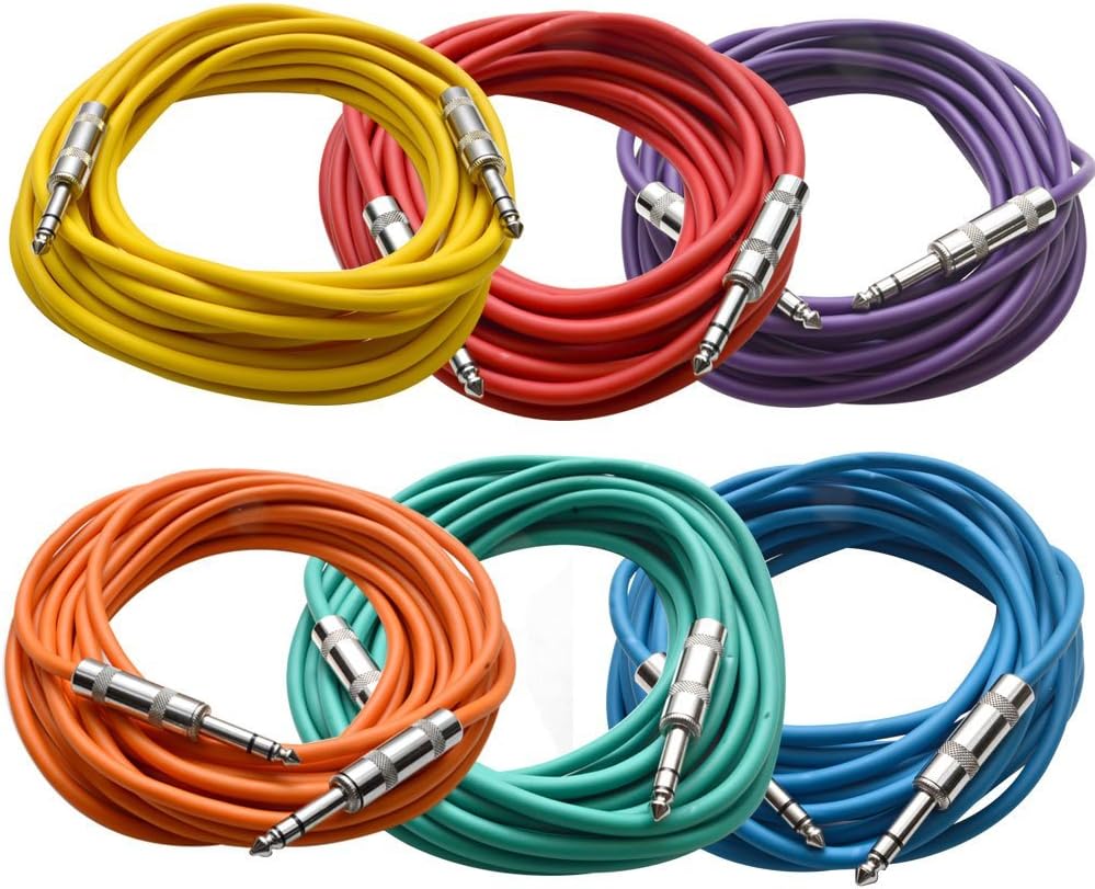 Seismic Audio SATRX-25BGORYP 6 Pack of Multi Color 25' 1/4"TRS to 1/4" TRS Patch Cables