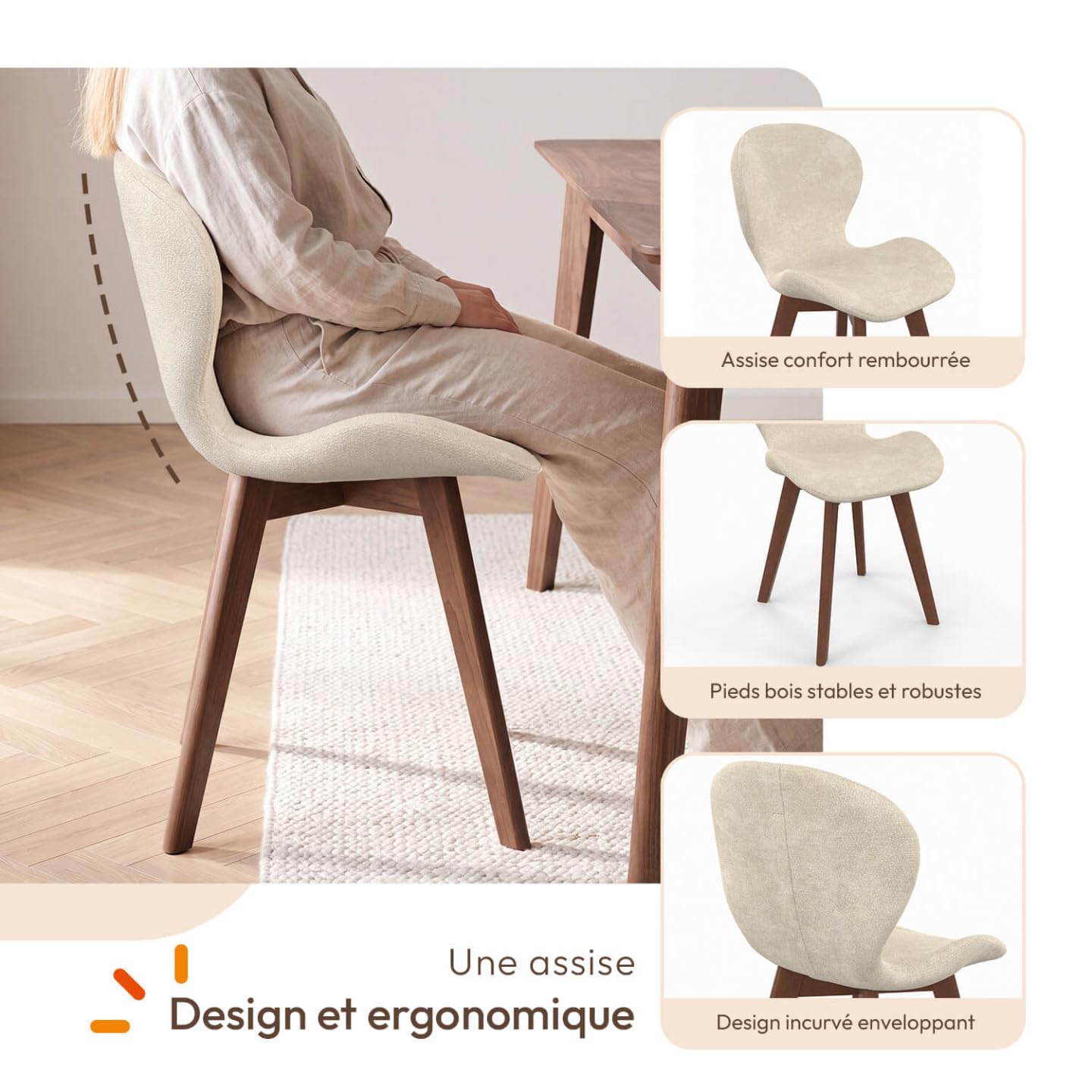 IDMarket - Lot de 6 chaises ROBINE en Tissu Chenille Beige Pieds Noyer