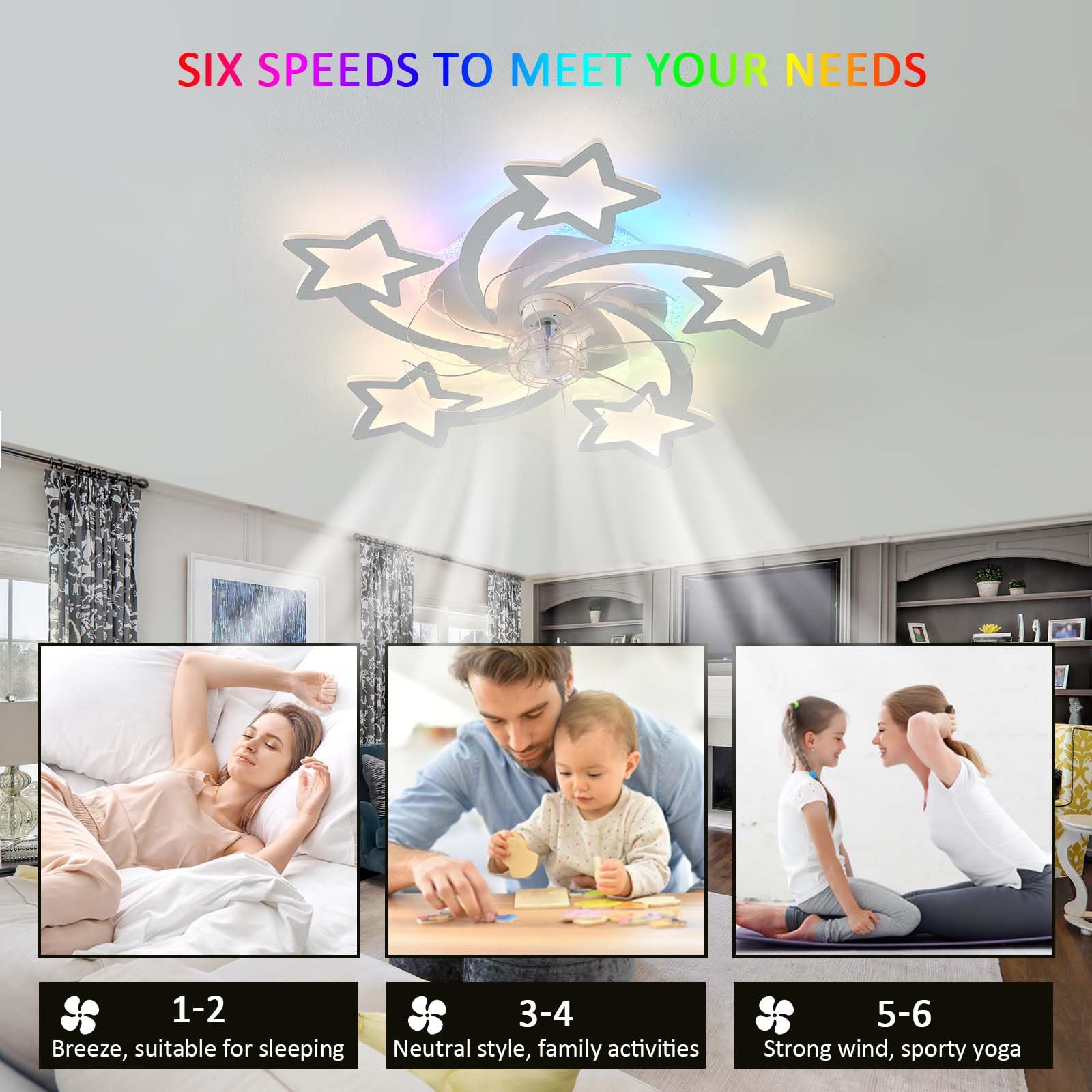 RGB Lampadario Con Ventilatore Da Soffitto Con Telecomando APP, Bambino Cameretta Lampadario Ventilatore Reversibile 6 Velocità Dimmerabile Ventola Soffitto Con Luce Memoria Silenzioso Bianco