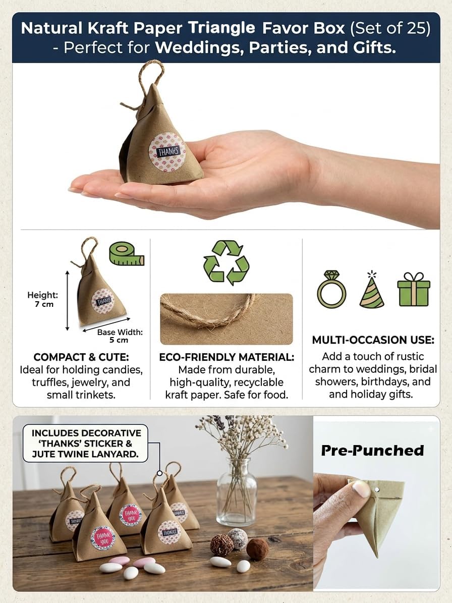 Tinda Kraft Paper Party Favor Boxes, Set of 25, 5 x 7 cm, Stickers,Jute twine