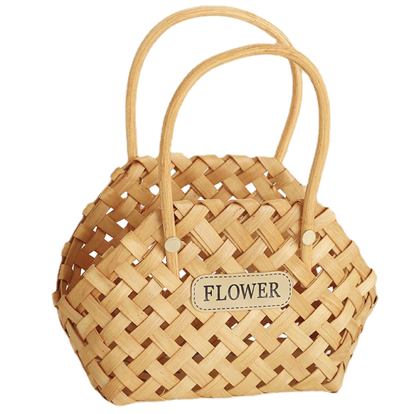 Buxuaaaa Flower Girl Baskets Picnic Basket with Handles Wood Rattans Flower Basket Petals Candy Storage Hand-woven Wood Portable