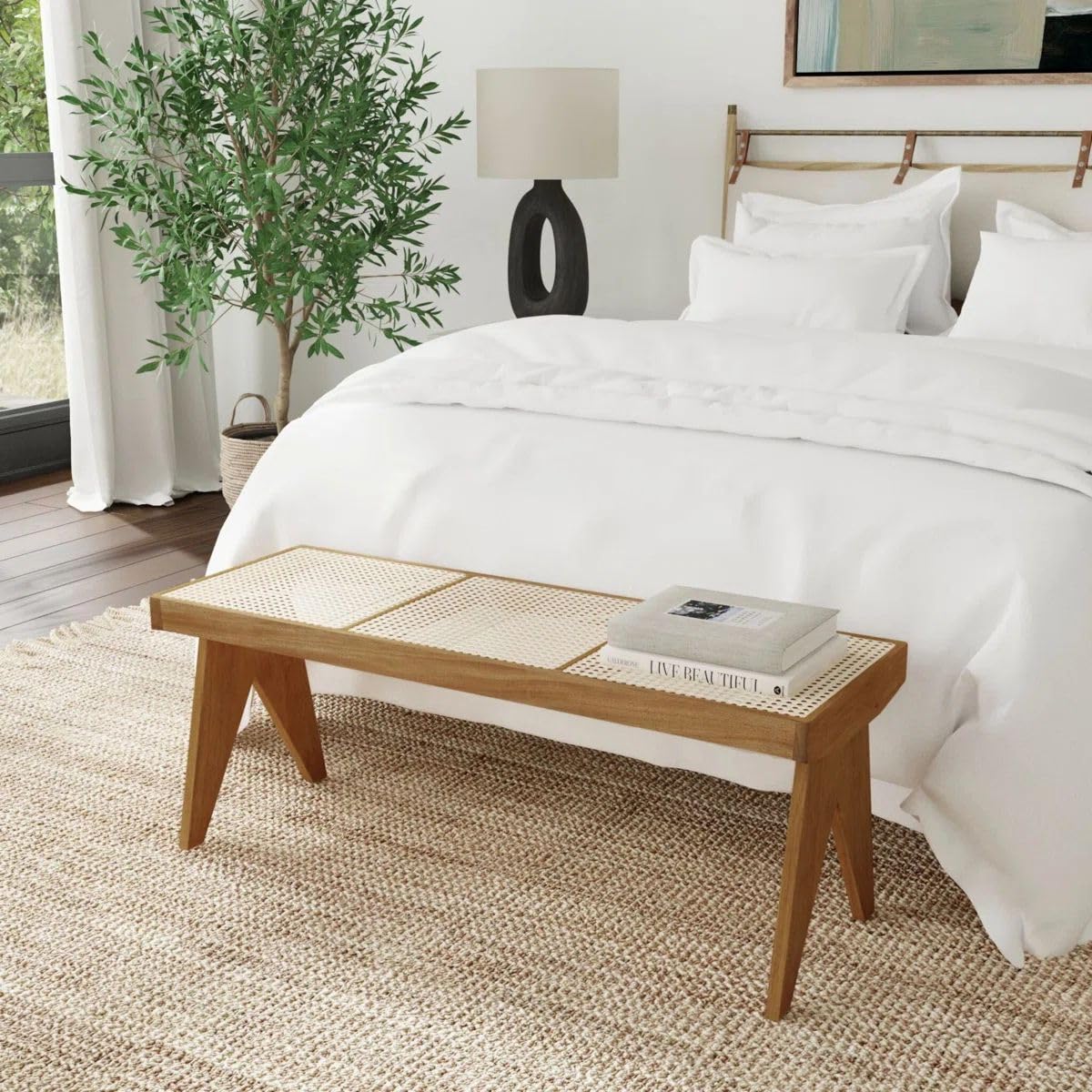 East at Main Natural Wood Cane Bench for Entryway, Bedroom, or Foot of Bed – Long Boho Rattan Seat with Angled Legs – Mid-Century Accent Bench, Easy