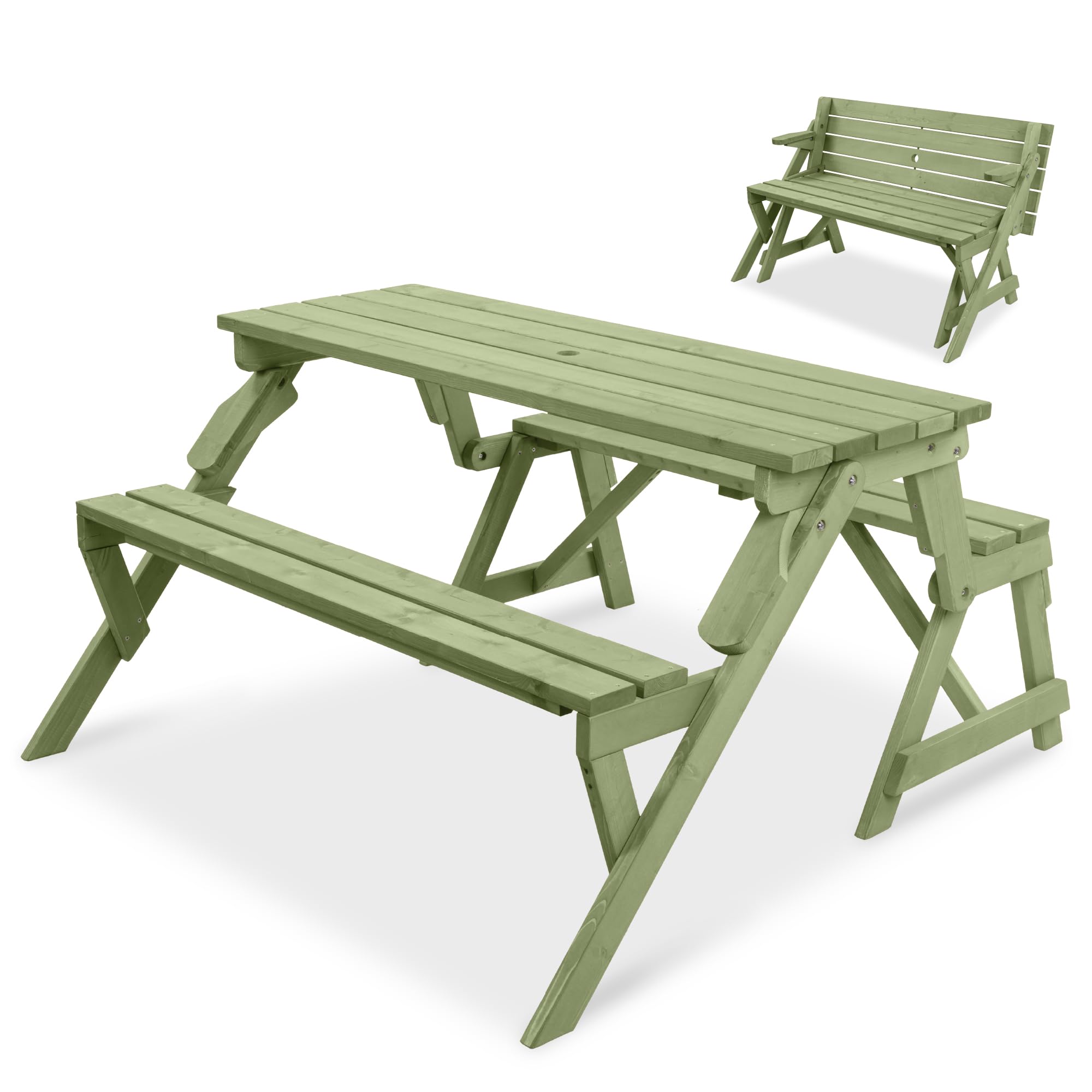 Best Choice Products 2-in-1 Transforming Interchangeable Outdoor Wooden Picnic Table Garden Bench for Backyard, Porch, Patio, Deck w/Umbrella Hole - Sage Green