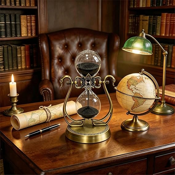 Hourglass 60 Minute Sand Timer, Vintage Brass, Black Sand, Swan Design, Decorative Sand Clock