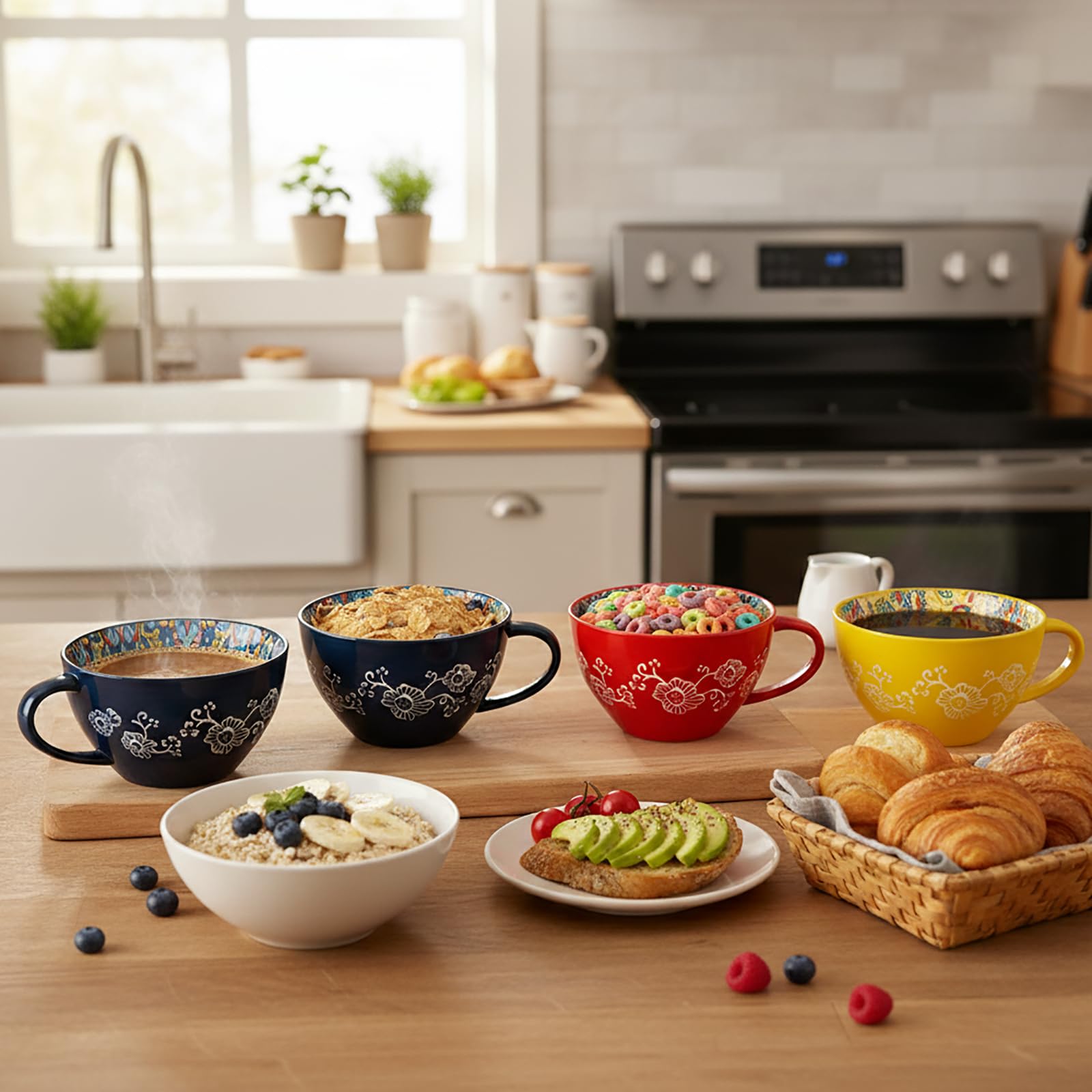 Tazza da Zuppa in Ceramica 400 ml con Manico, Ciotola da Zuppa in Ceramica Dipinta a Mano, Resistente al Forno e Microonde - Per Colazione, Müesli, Dessert, Latte, Frutta e Insalata (GLD)