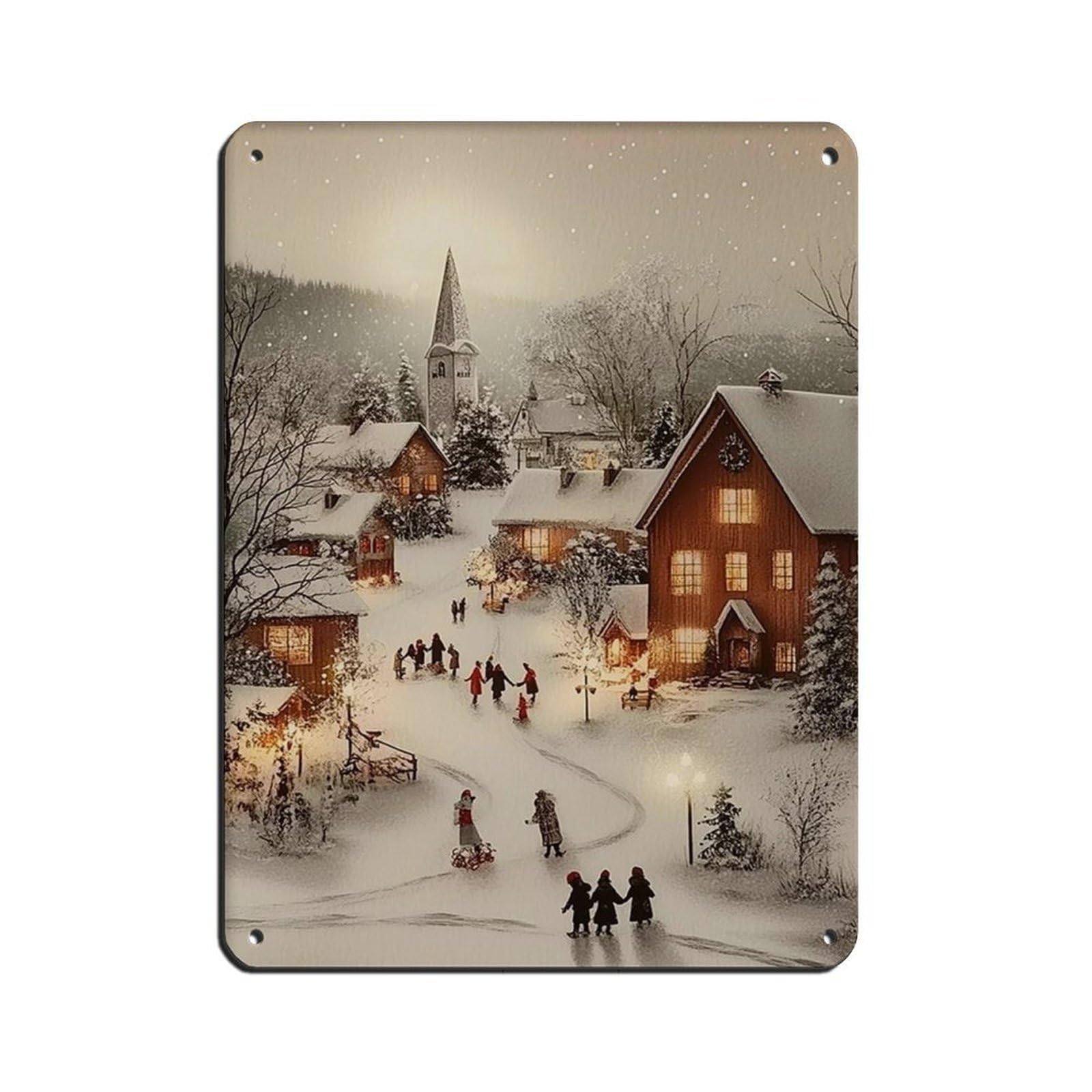 Snowy Christmas Art, Vintage Town City Village Tin Sign Vintage Metal Pub Club Cafe Bar Home Wall Art Decoration Poster Retro 12x16inch(30x40cm)