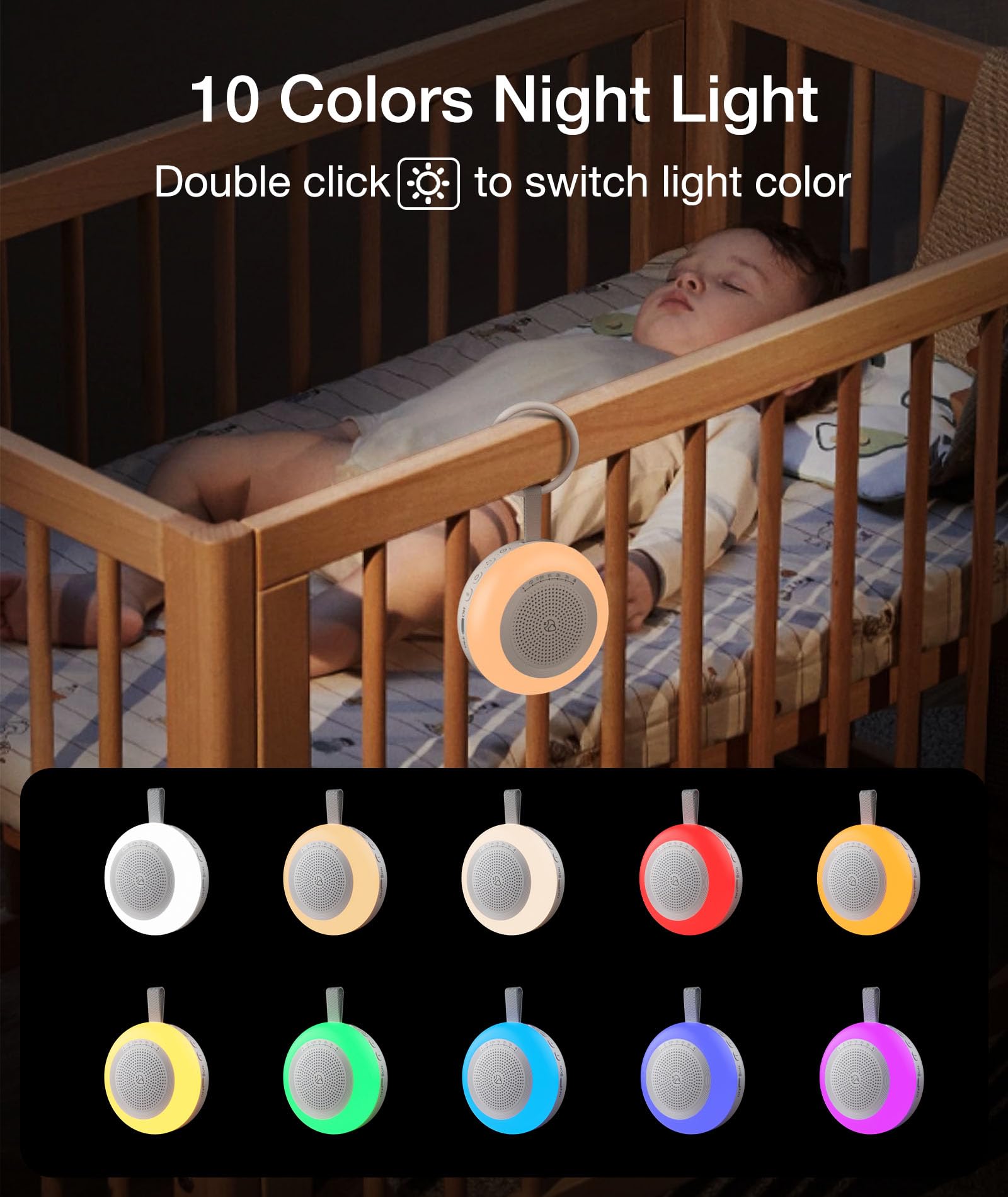 Machine à son portable pour bébé, machine à bruit blanc LEICEX - 33 sons apaisants - 10 couleurs - Veilleuse de nuit pour bébés et enfants, minuterie et mémoire, machine sonore de voyage pour dormir,