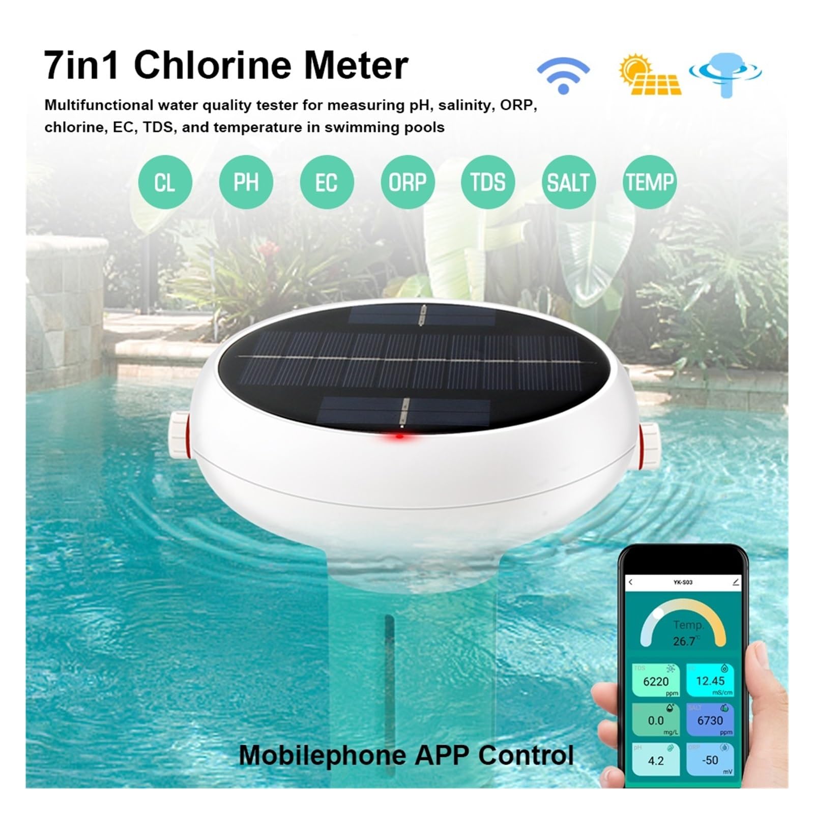 Misuratore di Cloro WiFi 7 in 1 PH ORP EC Solidi Disciolti Totali Salinità Temp CL Prova Tester for Acqua for Piscine Alimentato Ad Energia Solare Controllo Accurato Semplice